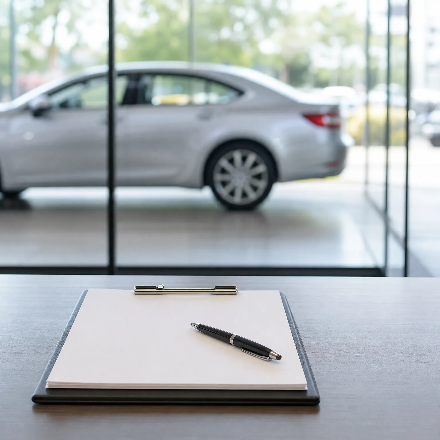 A clipboard with blank white paper and a black pen rests on a dark wooden desk, with a silver sedan parked beyond a glass wall in the blurred background.