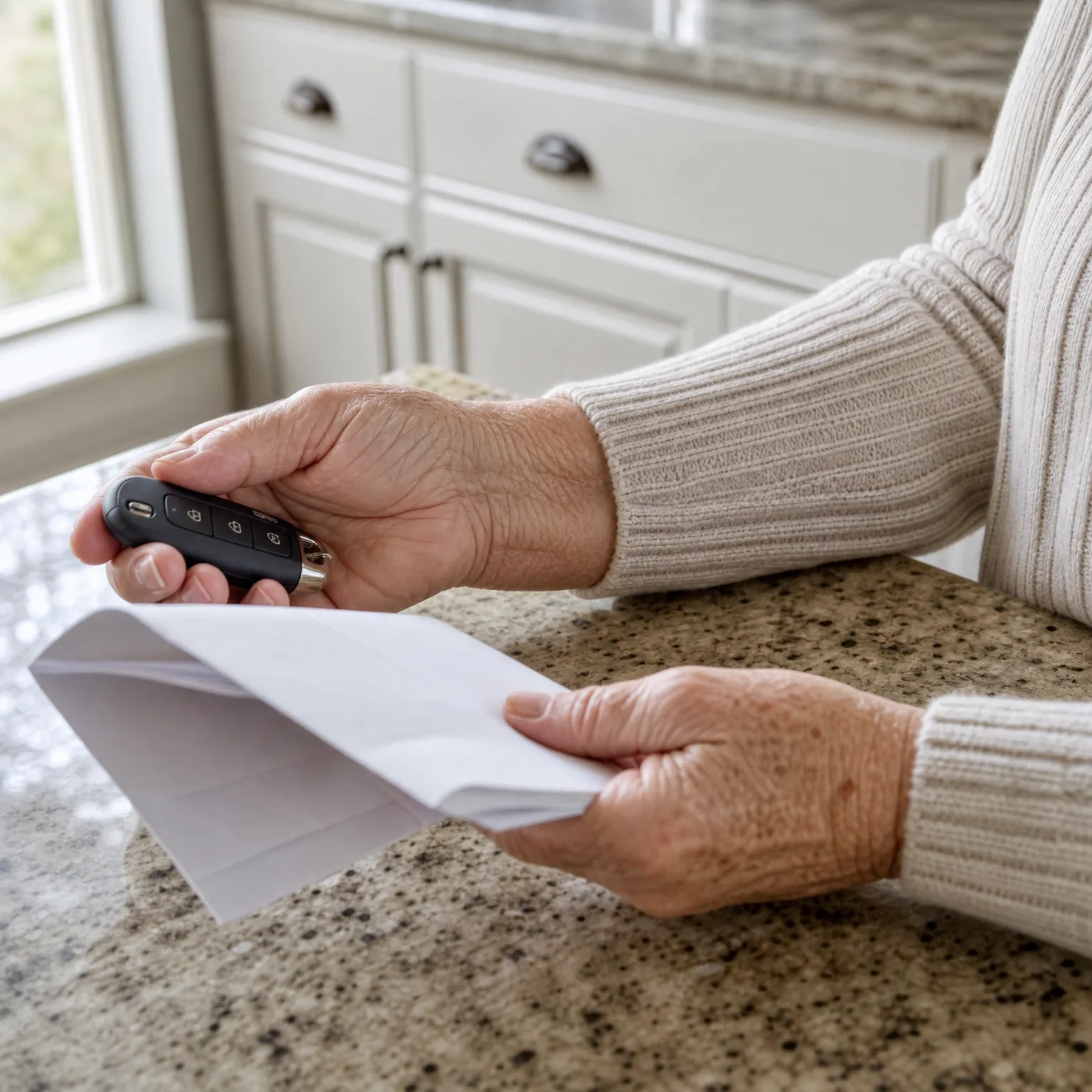 Close-up of an older person's hands at a granite countertop, holding a black car key fob in one hand and a folded white paper in the other, with white cabinets behind.