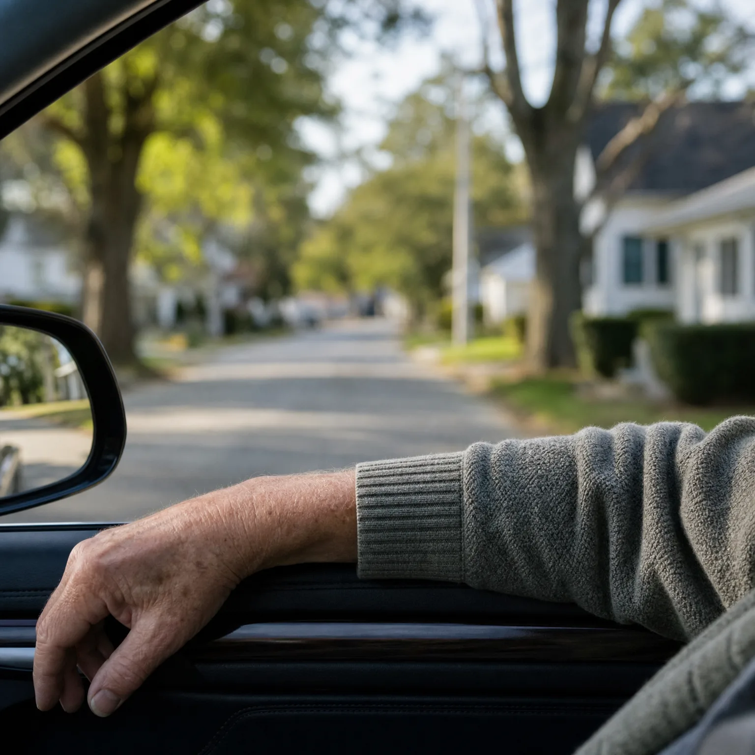 View from inside a parked car of a person's arm in a gray knit sweater resting on the door sill, with a tree-lined residential street and white house blurred in the background.