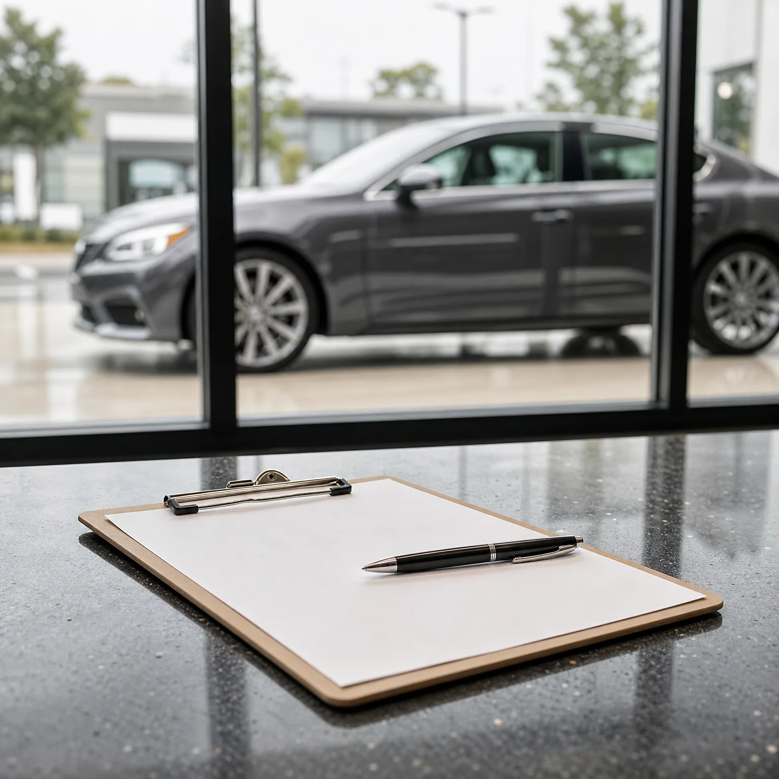 A clipboard holding a blank sheet of paper with a black pen rests on a speckled gray countertop, with a gray sedan parked outside beyond a large window.