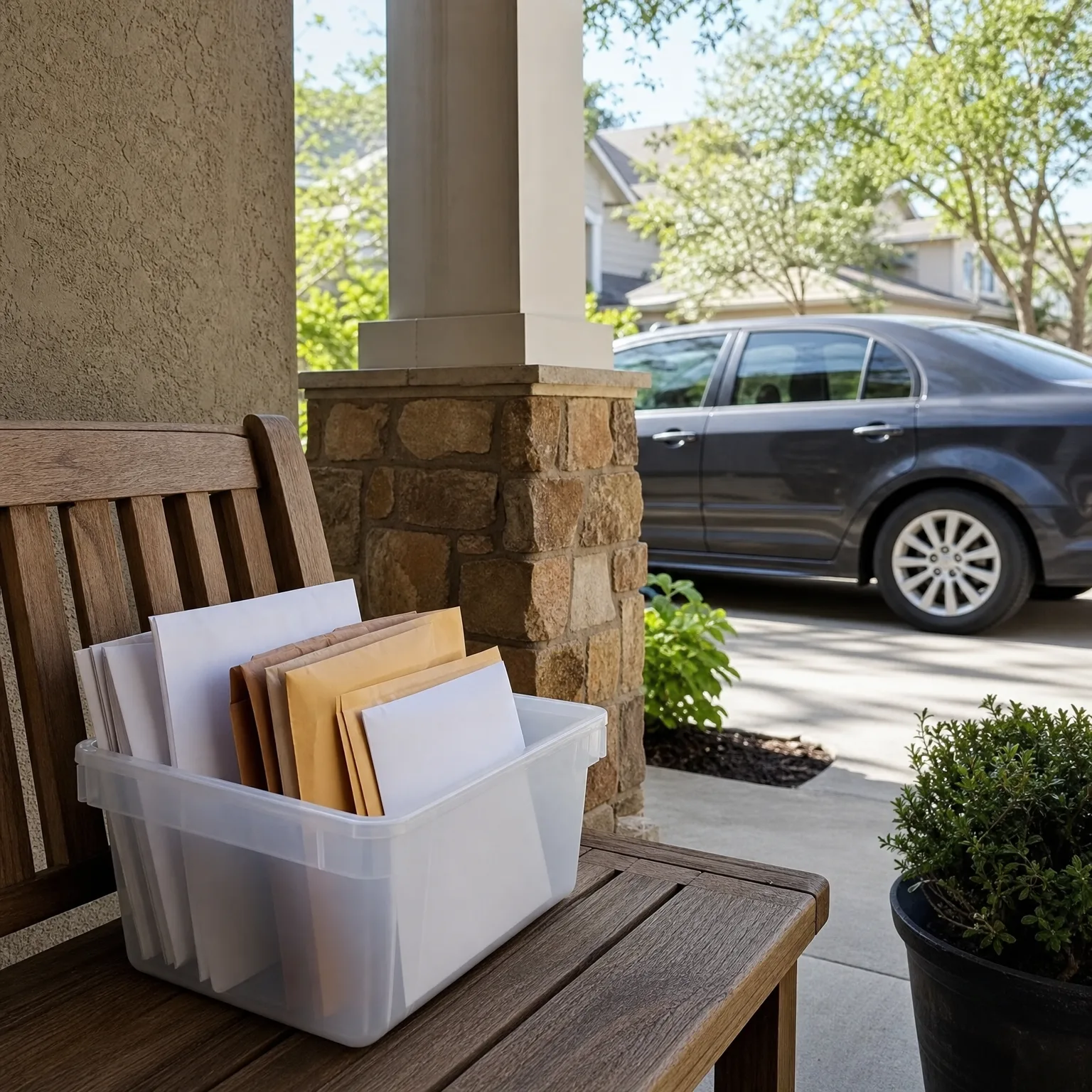 A clear plastic bin filled with white envelopes and padded manila mailers sits on a wooden bench on a covered porch with a stone-based column, with a dark sedan parked in a driveway behind.