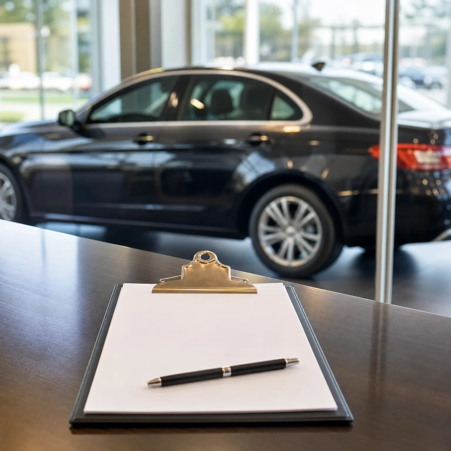 A clipboard with blank white paper and a black pen rests on a dark wooden counter, with a dark sedan parked behind a glass window in the blurred background.
