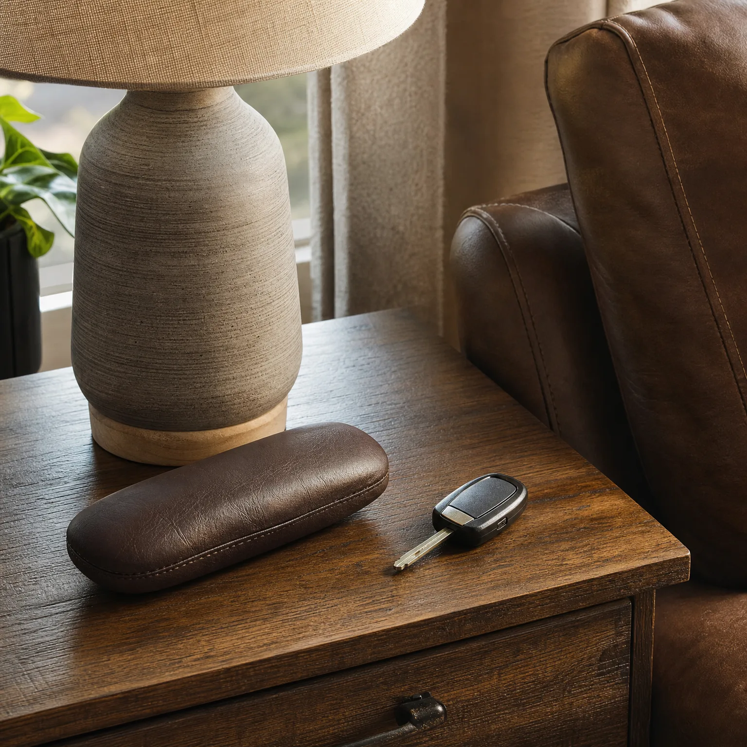 A dark wood side table holding a brown leather eyeglass case and a black car key fob, with a ceramic table lamp, a potted plant by a window, and a brown leather sofa arm nearby.