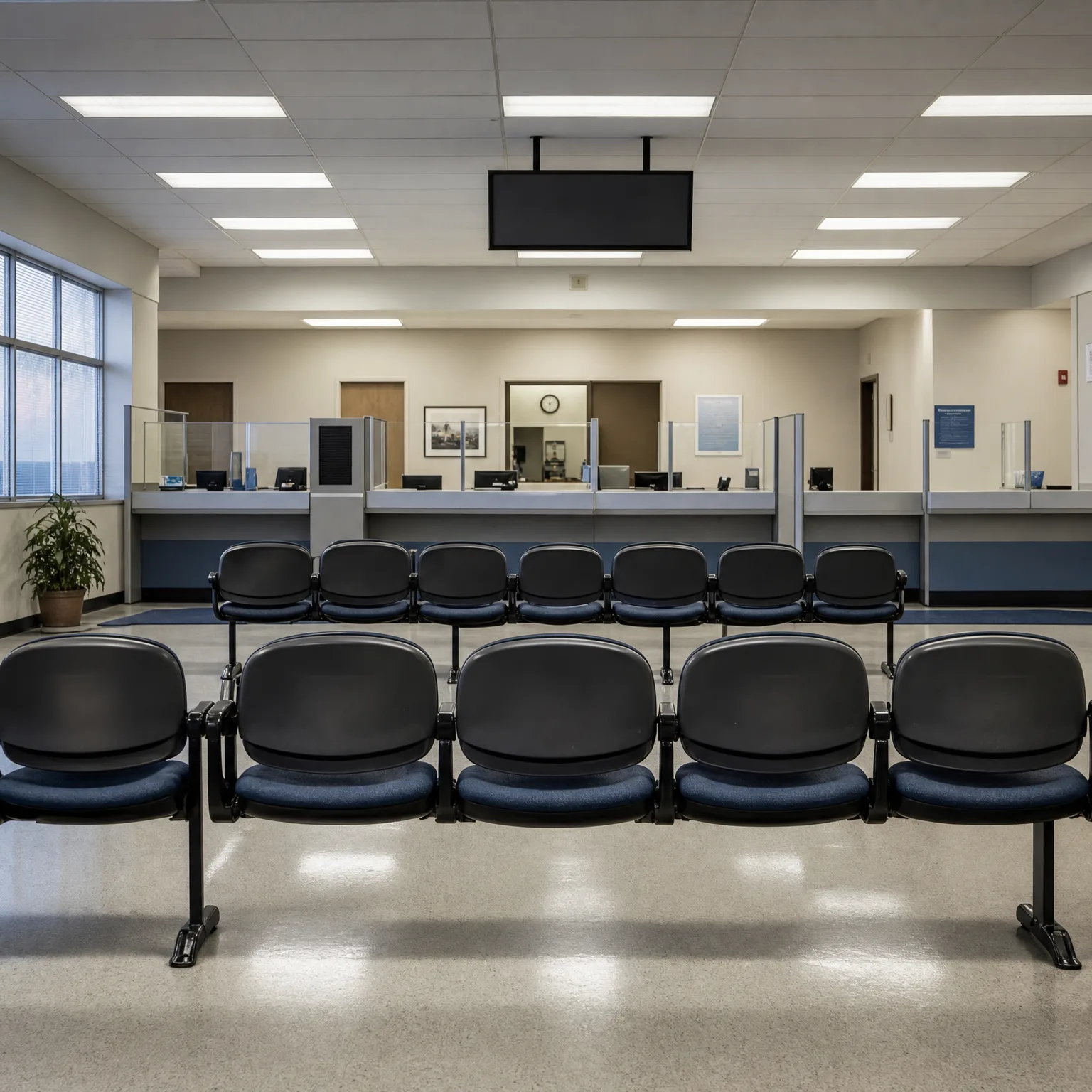 Empty indoor waiting area with two rows of black and blue beam-mounted chairs facing a long service counter with glass partitions, computer monitors, fluorescent ceiling lights, and a potted plant at left.