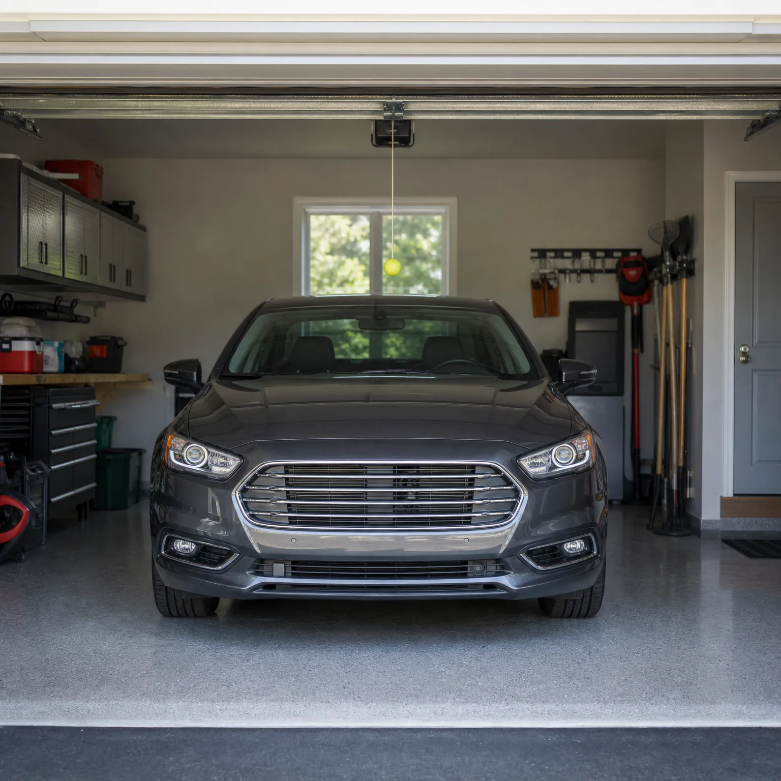 A dark gray sedan parked front-first in a garage with a speckled epoxy floor, wall cabinets and a tool chest on the left, long-handled yard tools and a white door on the right, and a garage door opener with a hanging ball above the car.