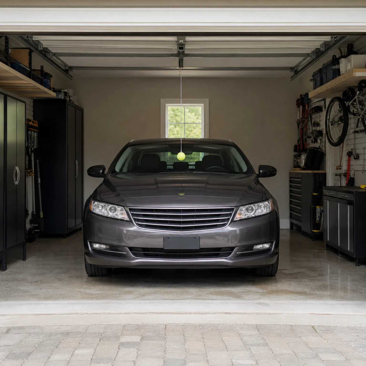 A gray four-door sedan parked inside an open garage with cabinets, a workbench, a wall-mounted bicycle, and a tennis ball hanging from the ceiling, viewed from a paver driveway.