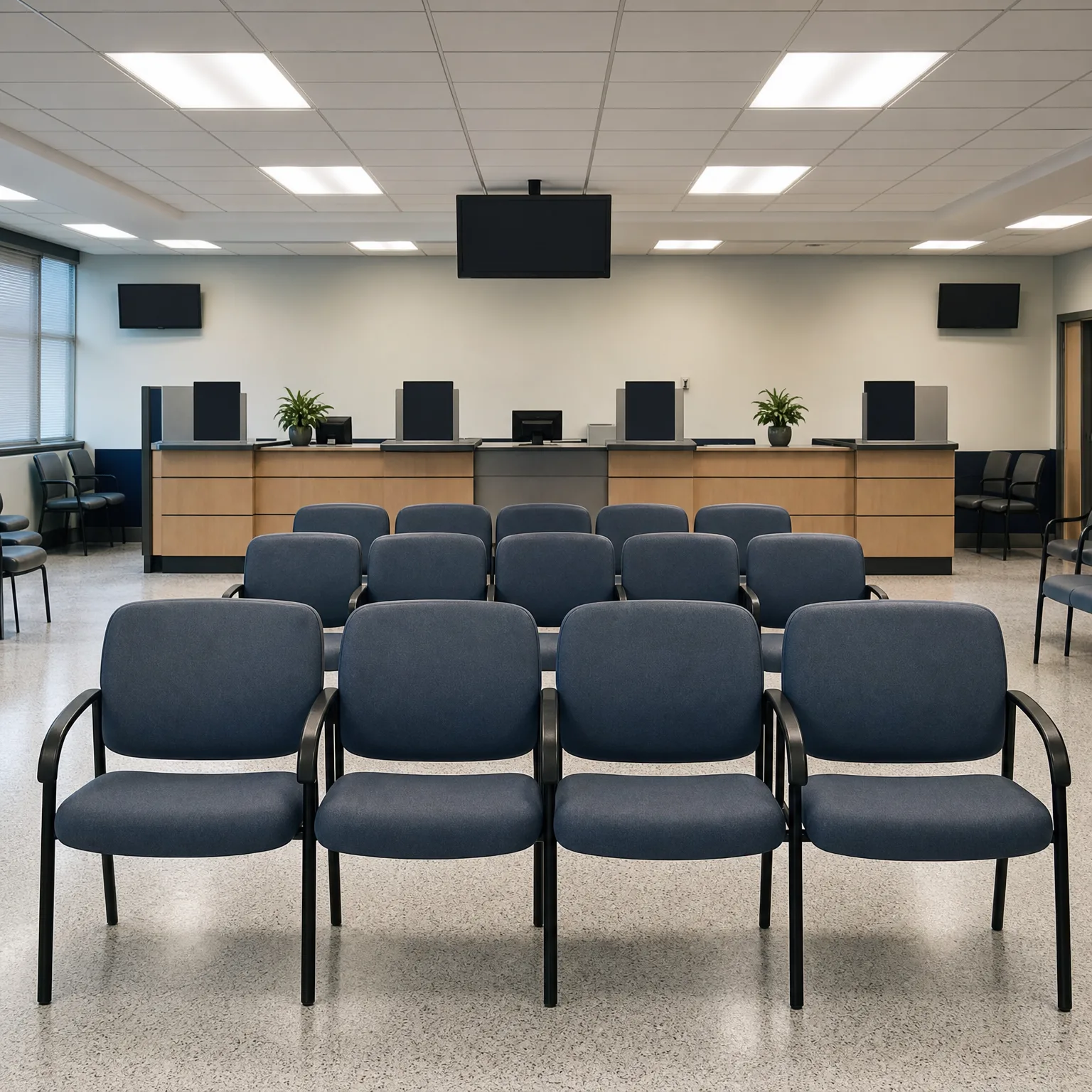 An empty indoor waiting area with rows of dark blue upholstered chairs facing a wooden service counter with monitors, under a suspended ceiling with fluorescent panel lights and wall-mounted screens.