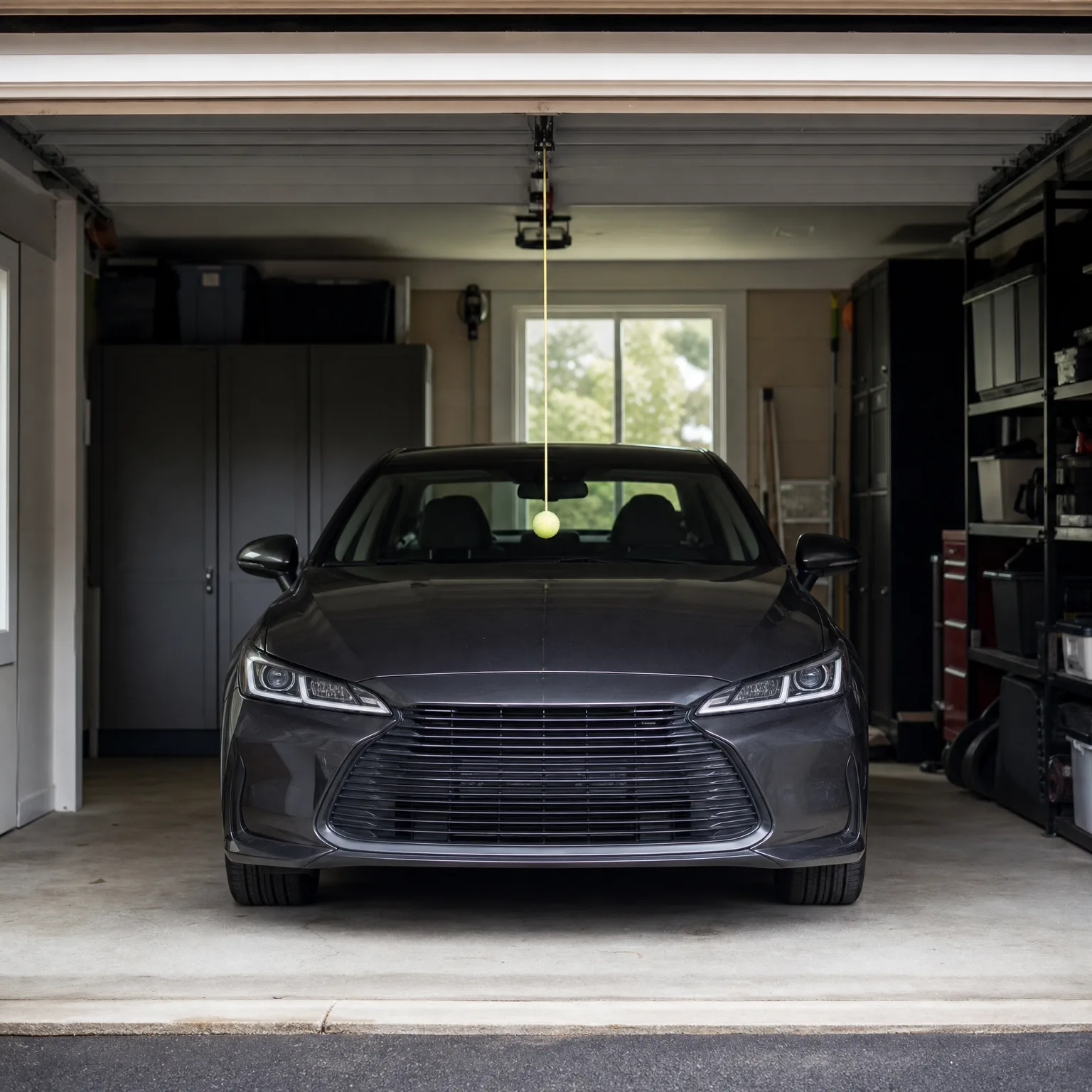 A dark gray sedan parked inside an open garage, with a tennis ball hanging on a string from the ceiling opener, cabinets on the left and shelving on the right.