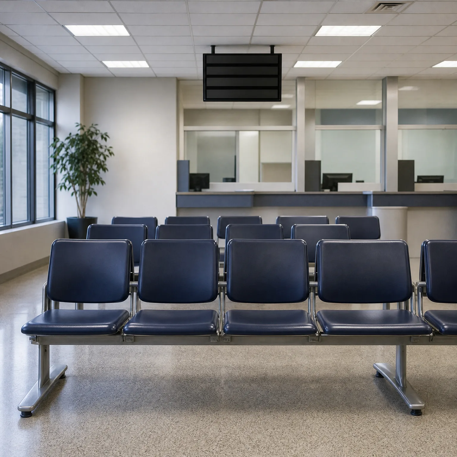 Empty waiting area with rows of dark blue beam-mounted chairs on a speckled floor, facing a service counter with glass partitions, a potted plant and windows at left, and a blank ceiling-hung display panel.