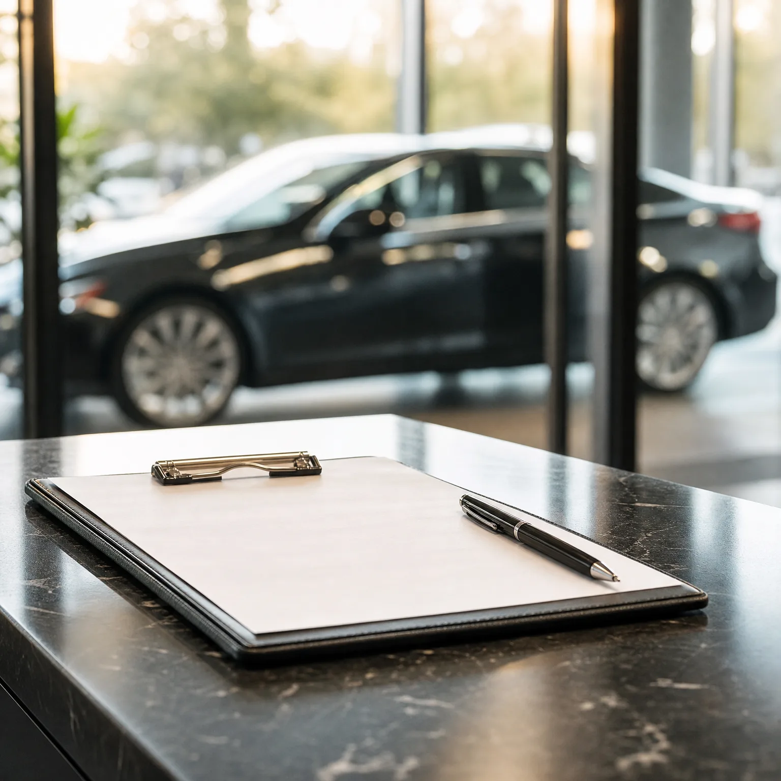 A clipboard with blank white paper and a black pen rests on a dark marble counter, with a blurred black sedan visible through floor-to-ceiling windows behind it.