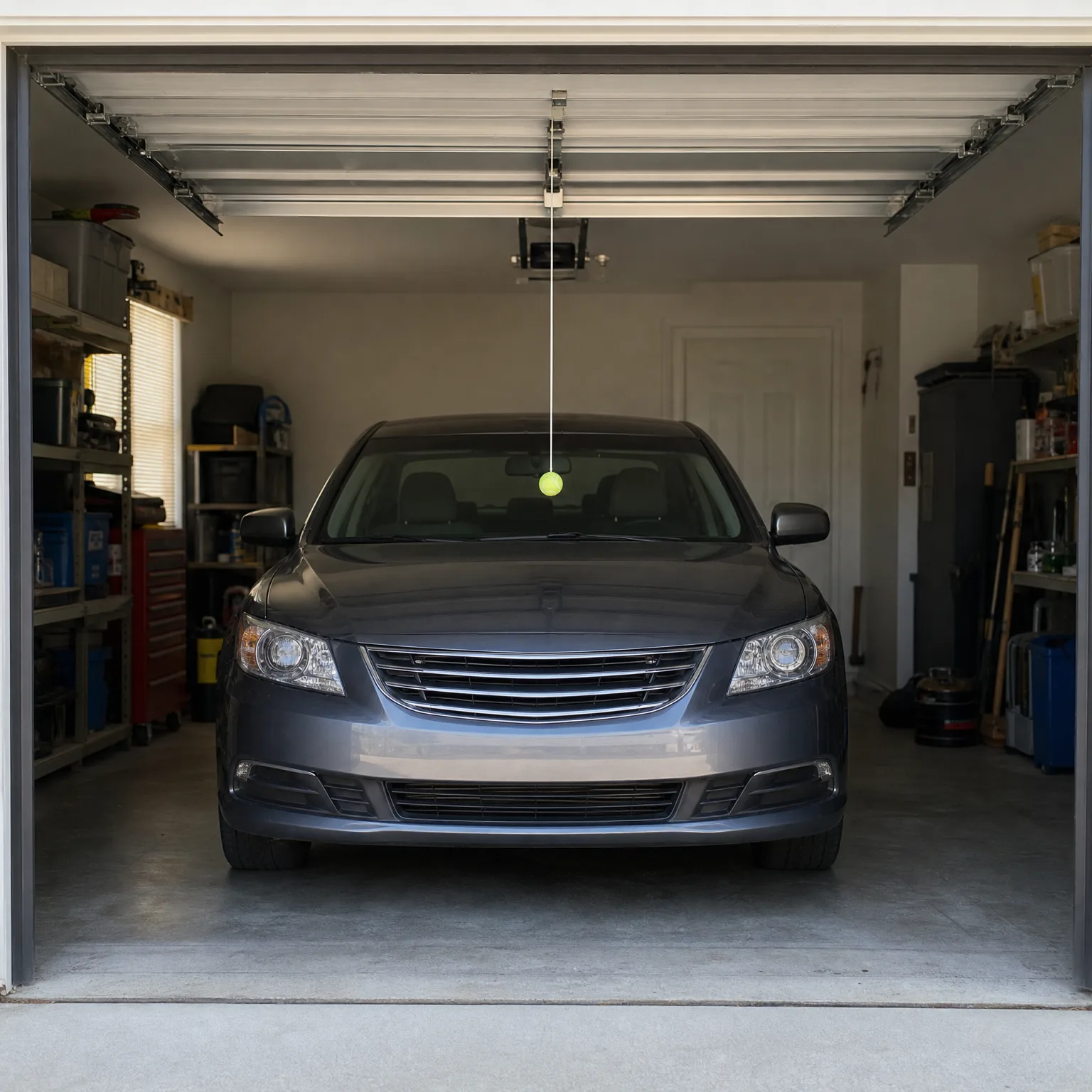 A dark gray sedan parked inside an open single-bay garage, with a tennis ball hanging on a string from the ceiling opener and storage shelves along both side walls.