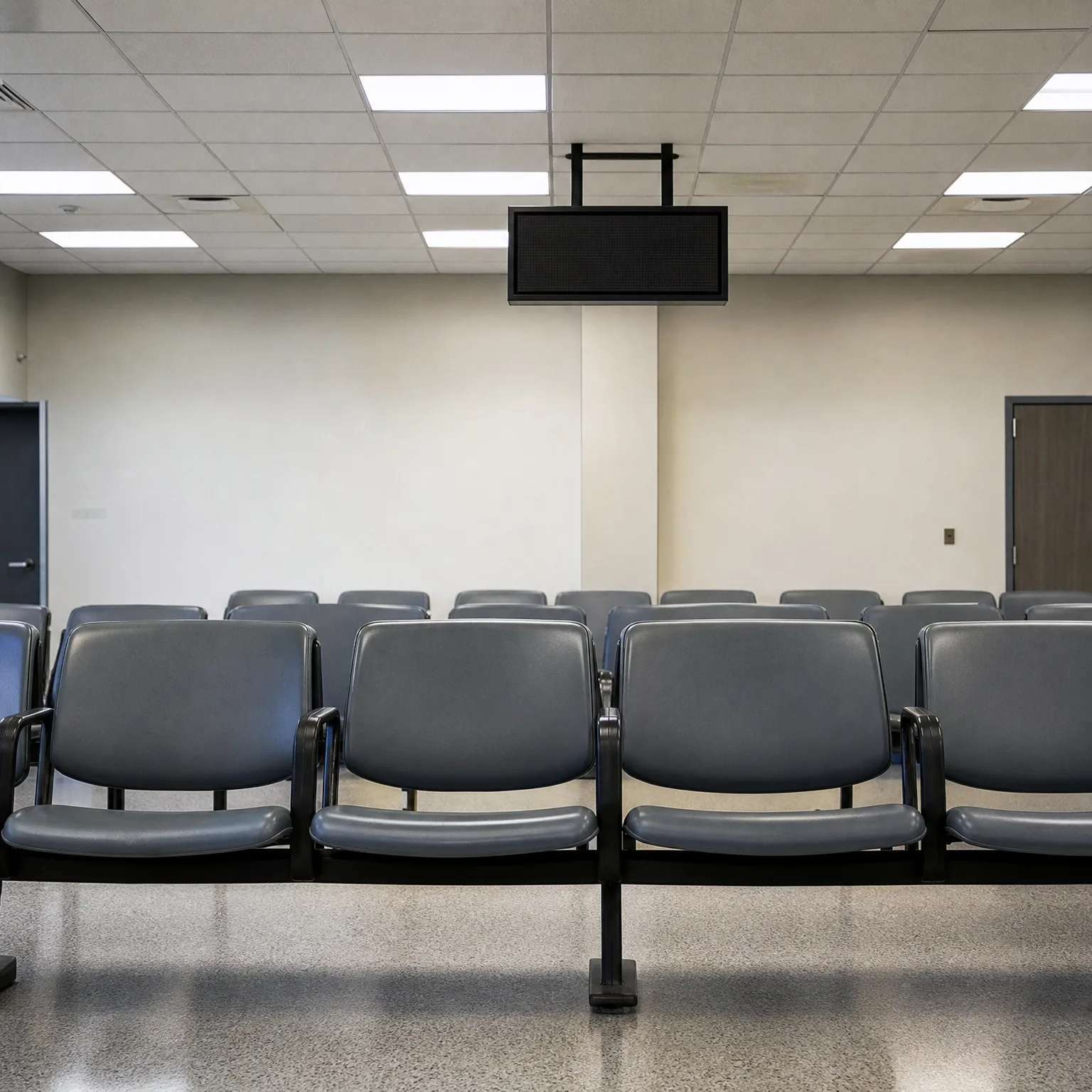 Empty waiting room with rows of gray padded beam-mounted chairs, a blank ceiling-hung display screen, suspended ceiling light panels, and a closed wooden door on the right.