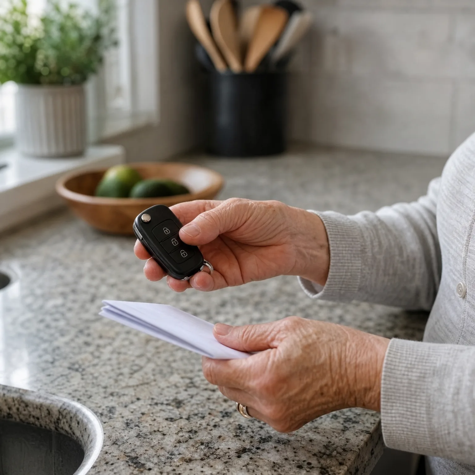A person in a light knit sweater holds a black flip-style car key fob in one hand and folded white papers in the other, standing at a granite kitchen counter with a fruit bowl, utensil crock and potted plant blurred in the background.