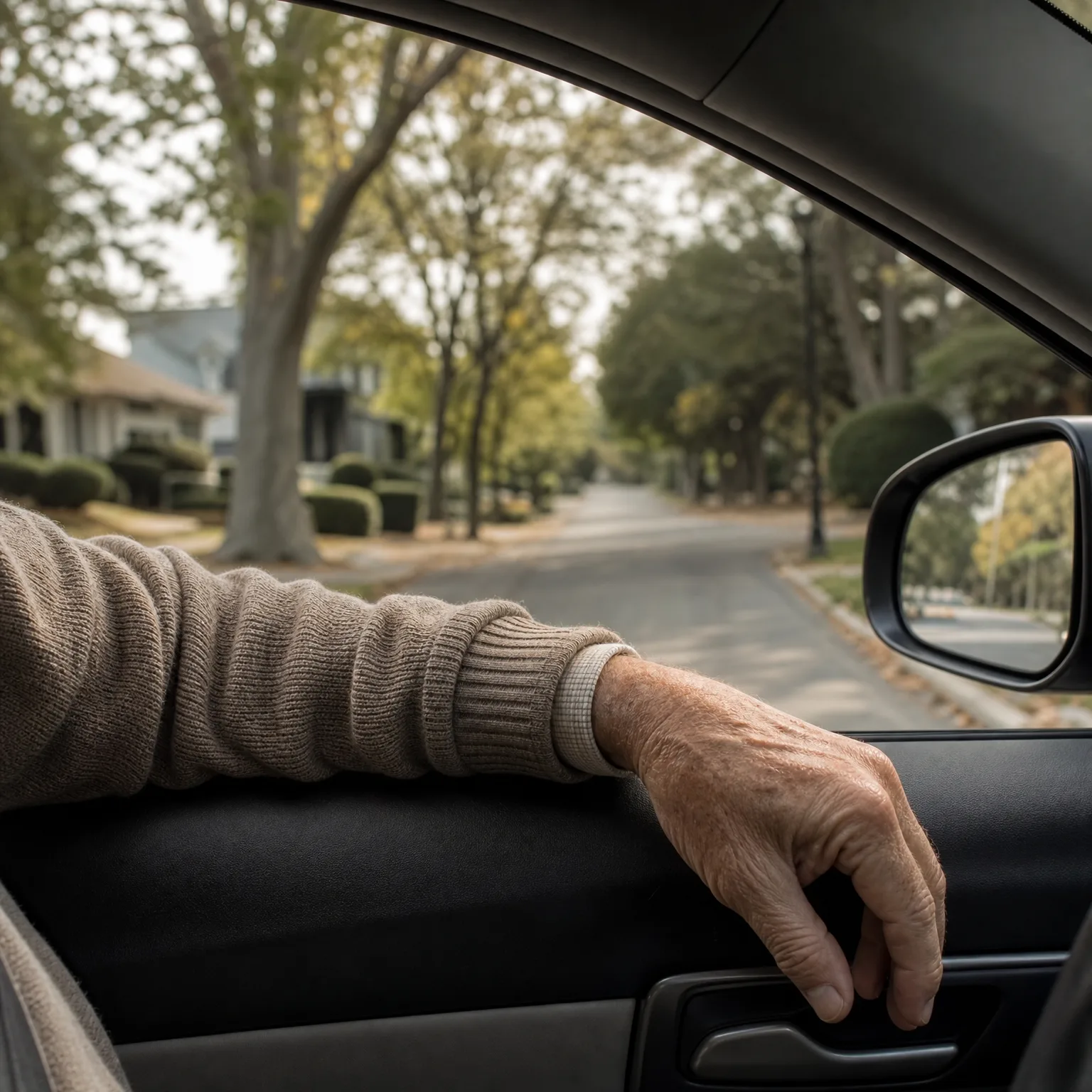 View from inside a car showing an older person's arm in a beige knit sweater resting on the passenger door sill, with a tree-lined residential street and side mirror visible through the open window.