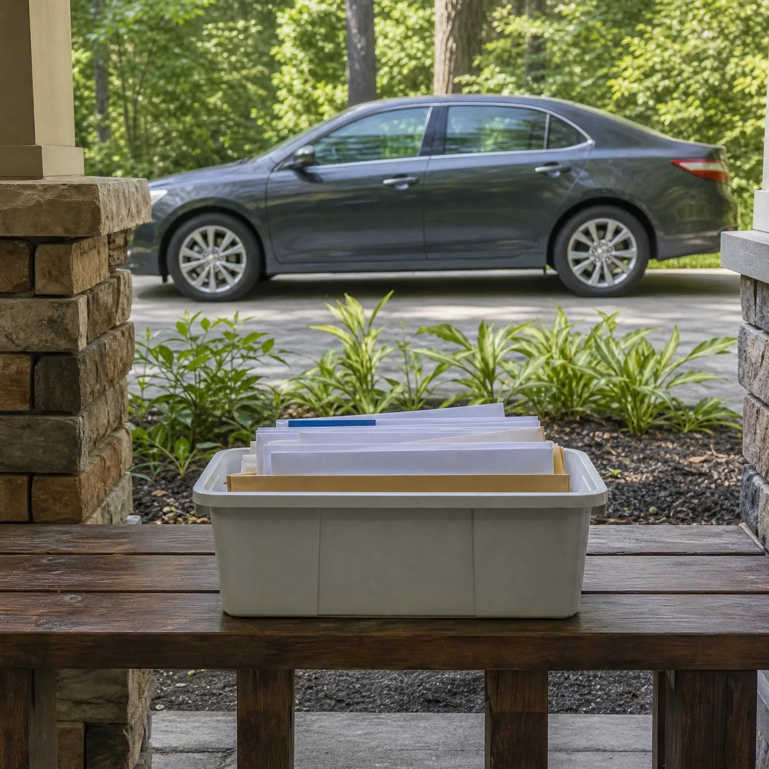 A gray plastic bin filled with envelopes and papers sits on a dark wooden porch bench beside a stone pillar, with a dark sedan parked on a driveway and green shrubs and trees behind.