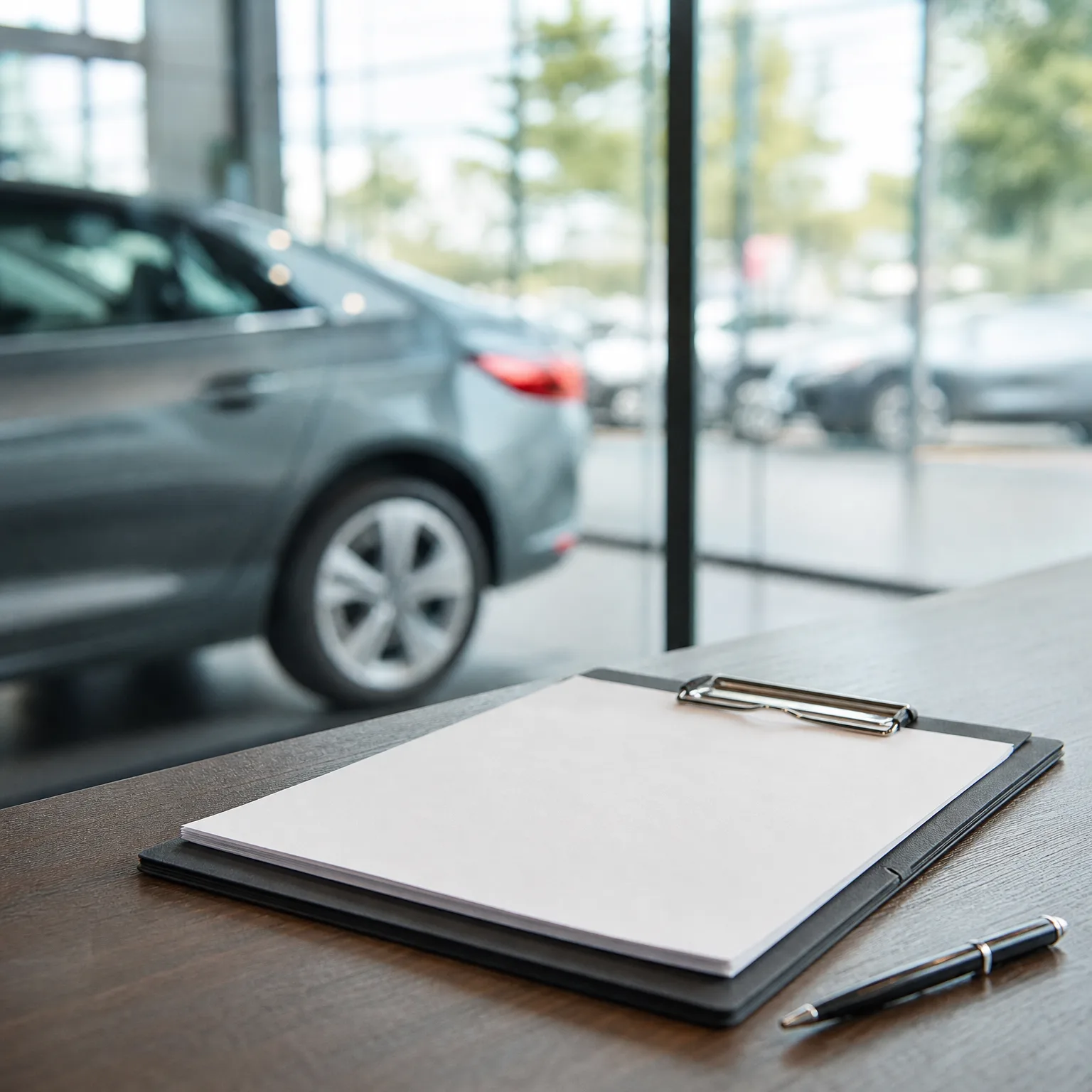 A black clipboard holding blank white paper and a pen rest on a dark wooden desk, with a blurred gray car and glass windows in the background.
