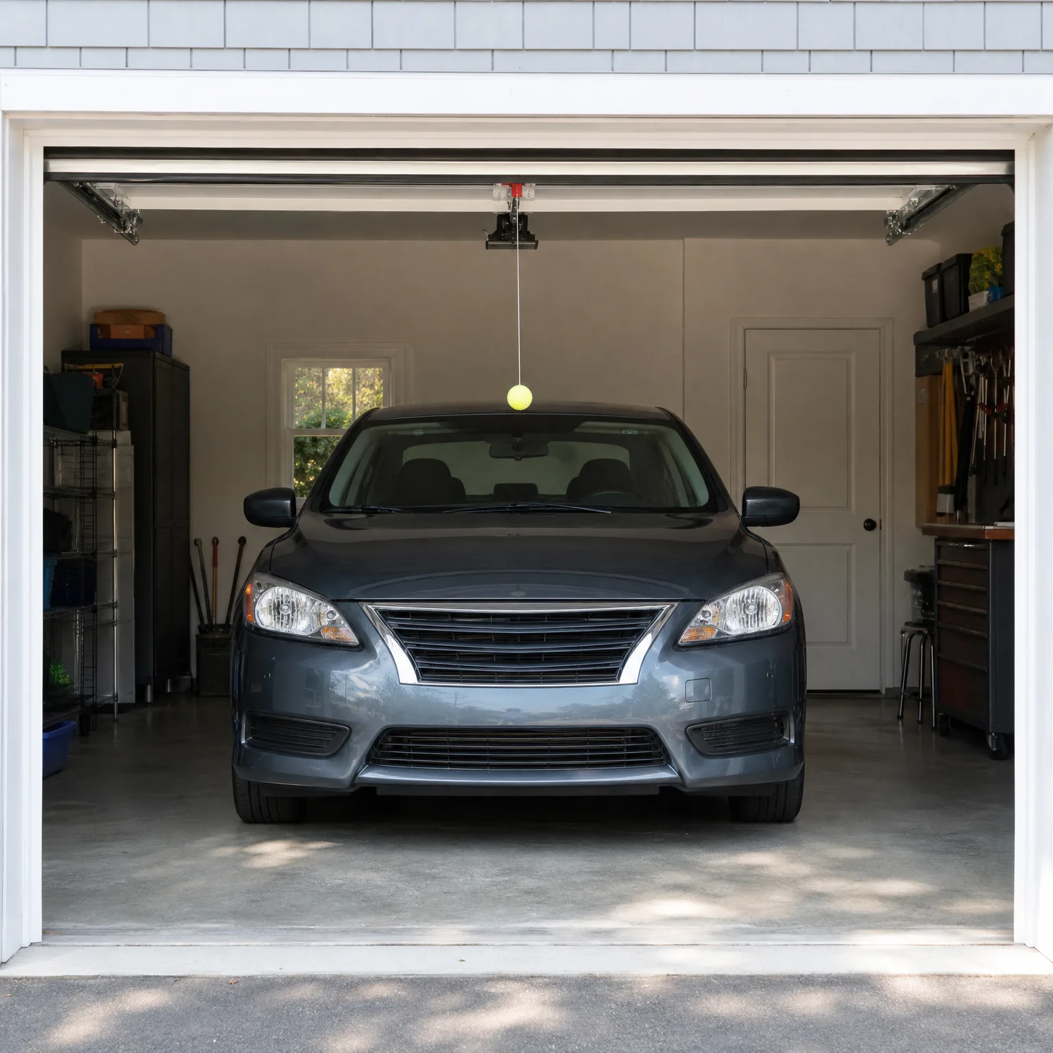 A dark gray sedan parked inside an open garage with a tennis ball hanging from the ceiling opener, shelving and tools along the side walls, and a white interior door at the rear.