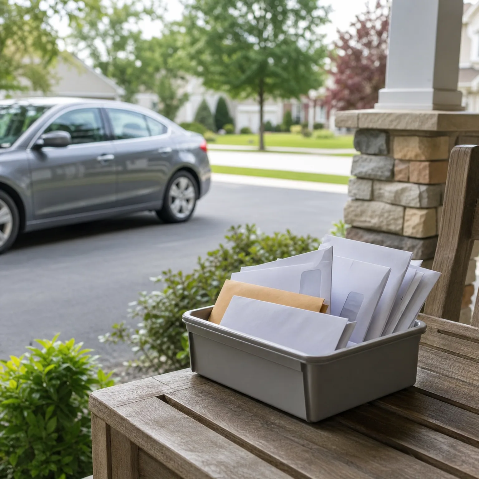 A gray plastic bin filled with white and manila envelopes sits on a weathered wooden bench beside a stone porch column, with a silver sedan parked on a street in the blurred background.