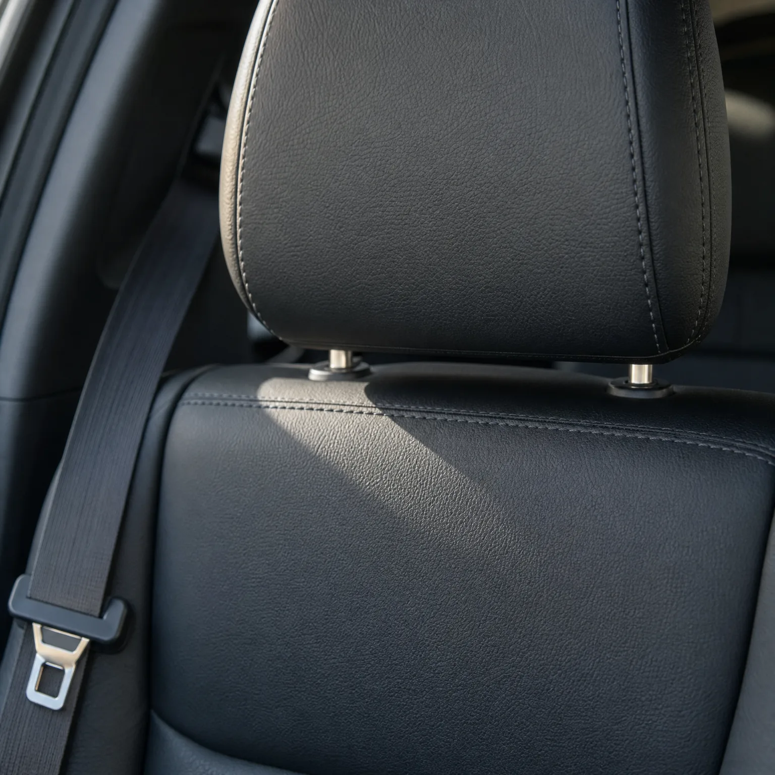 Close-up of a black leather car seat back and headrest with metal posts, with a seat belt and buckle at the left and sunlight falling across the upholstery.
