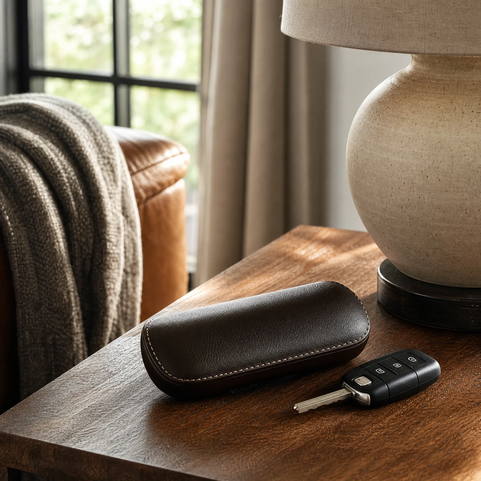 A dark brown leather eyeglass case and a black remote car key with a metal blade rest on a wooden side table beside a ceramic lamp base, with a leather armchair, knit throw, curtain and window in the background.
