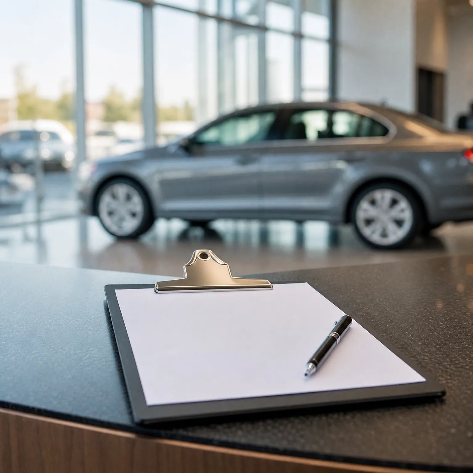 A clipboard with a blank sheet of paper and a pen rests on a dark counter, with a grey sedan parked indoors near large windows in the blurred background.