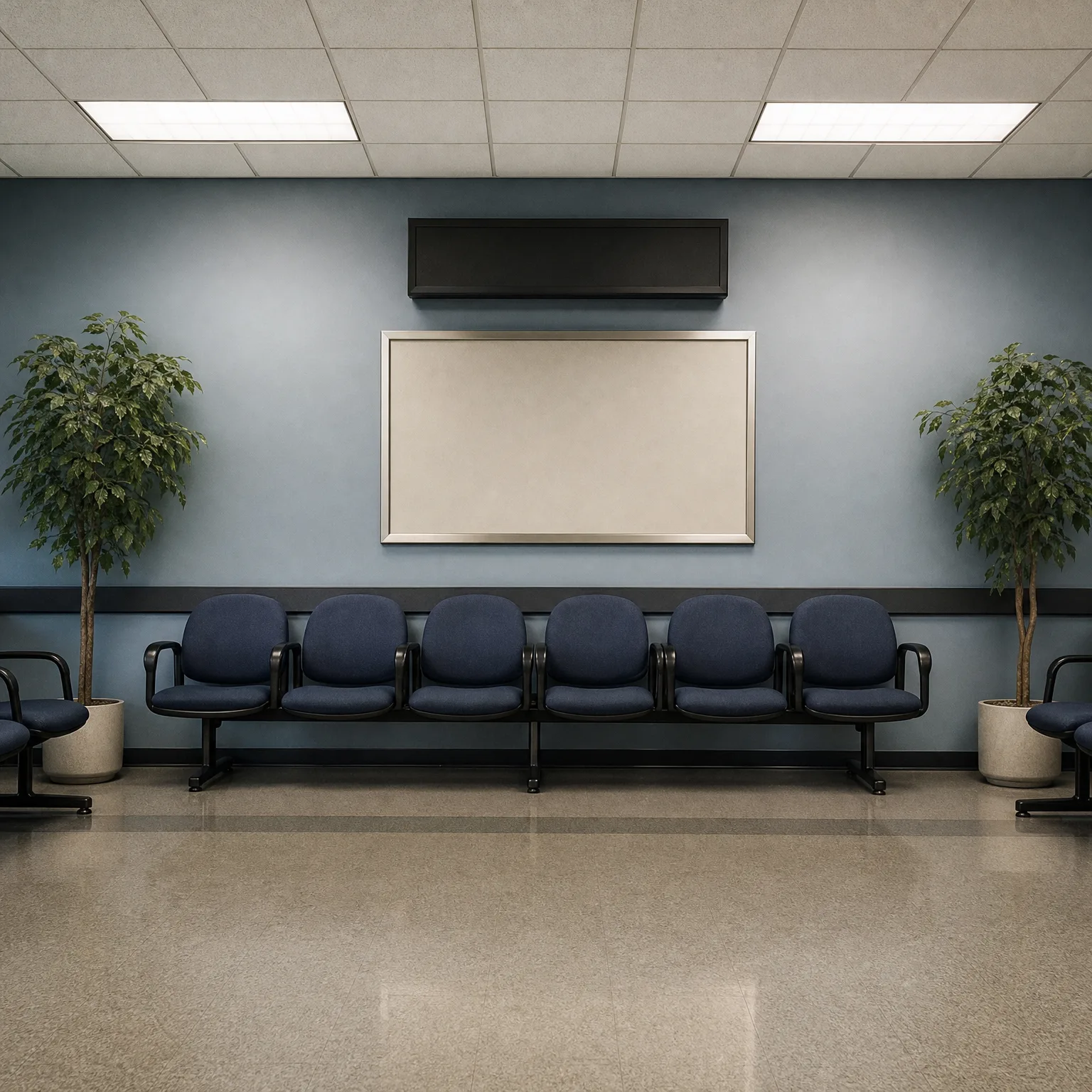 Empty waiting room with a row of six dark blue chairs against a blue-gray wall, a blank framed panel and dark box above, two potted trees at the sides, and a polished speckled floor under a suspended ceiling with recessed lights.