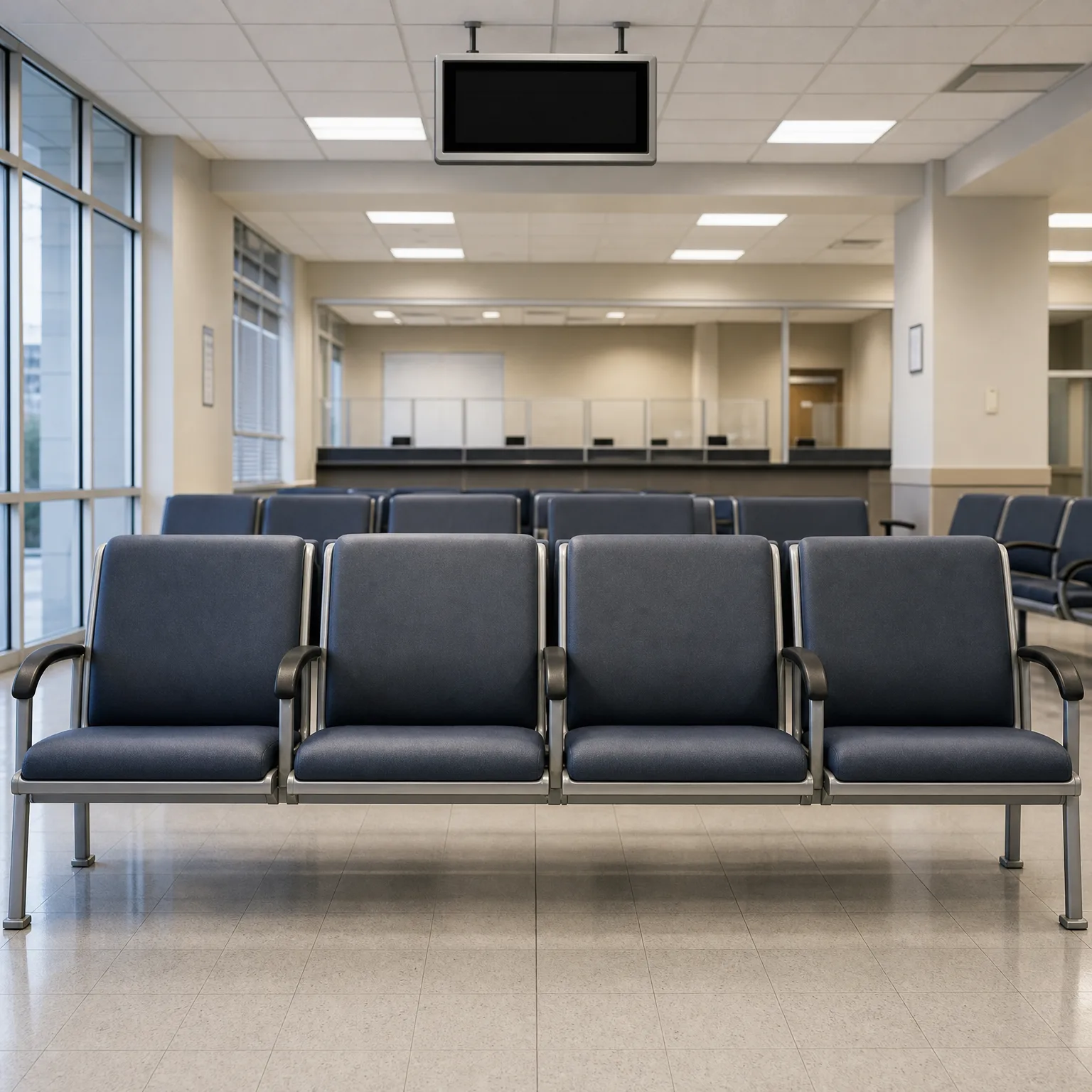 Empty waiting area with rows of dark blue upholstered beam seating on tile flooring, a ceiling-mounted flat screen, and a service counter in the background.