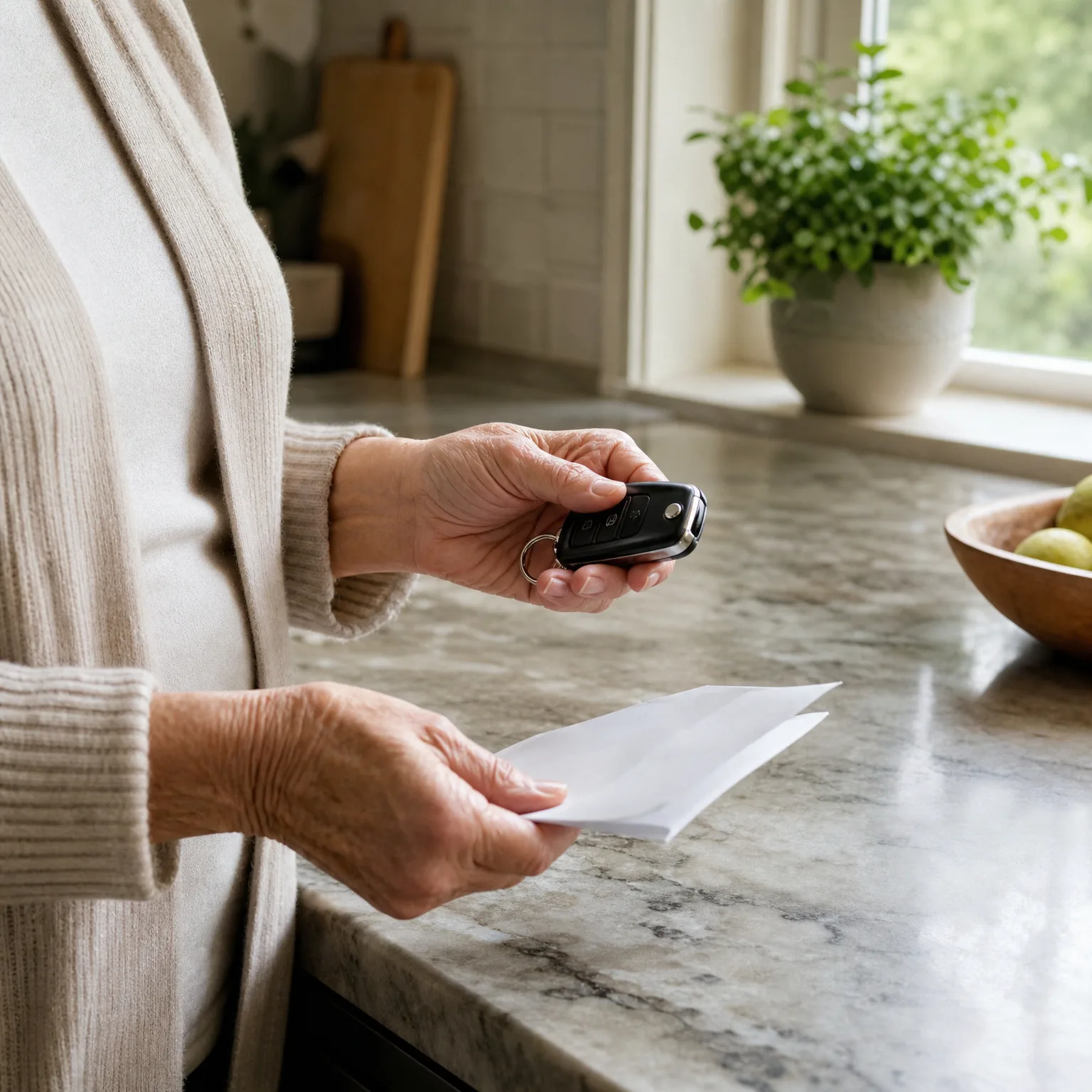 A person in a cream knit cardigan holds a black car key fob in one hand and a folded white envelope in the other beside a granite kitchen counter, with a potted plant on the windowsill and a wooden bowl of fruit nearby.