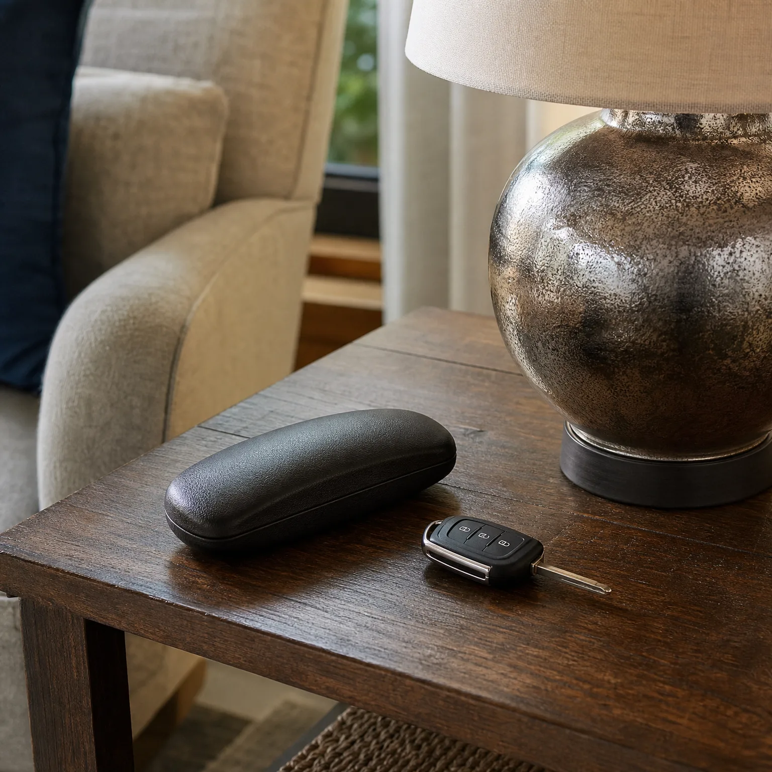 A black eyeglass case and a black flip car key rest on a dark wood side table beside a metallic-finish lamp base, with an upholstered armchair and window in the background.