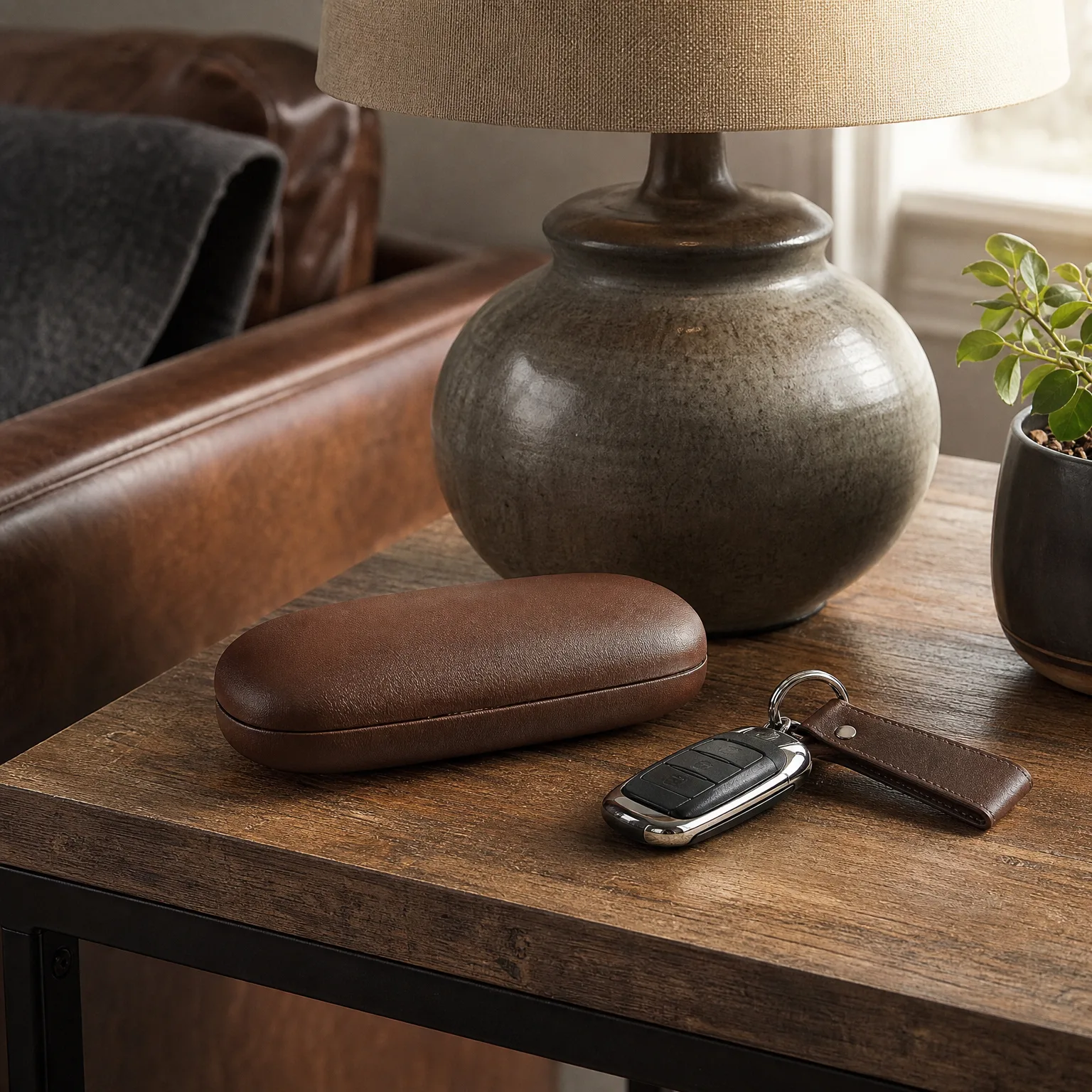 A brown leather eyeglass case, a car key fob, and a leather key fob rest on a wooden side table beside a ceramic lamp base and a small potted plant, with a leather sofa behind.