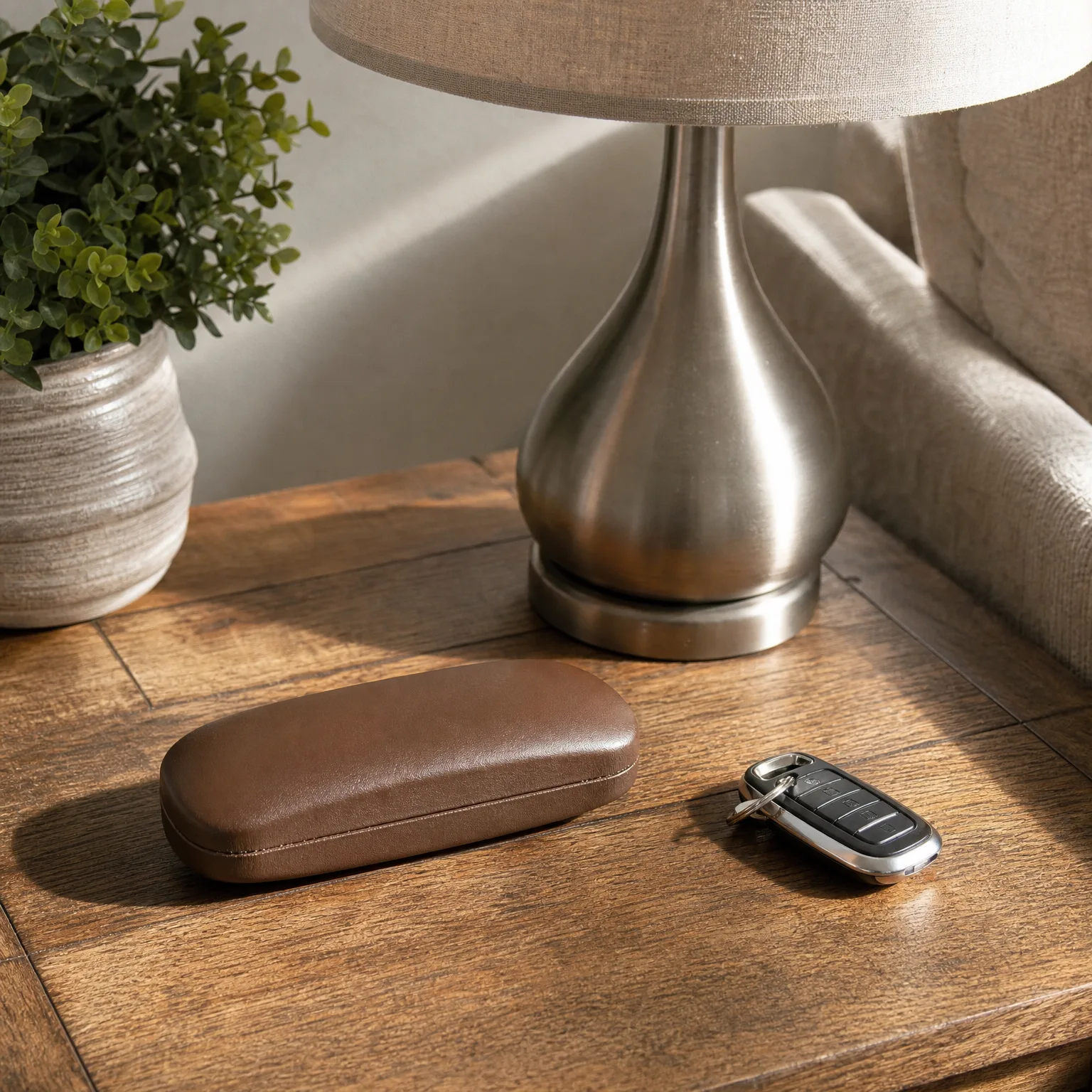 A brown leather glasses case and a black car key fob rest on a wooden side table beside a metal lamp base and a potted green plant.