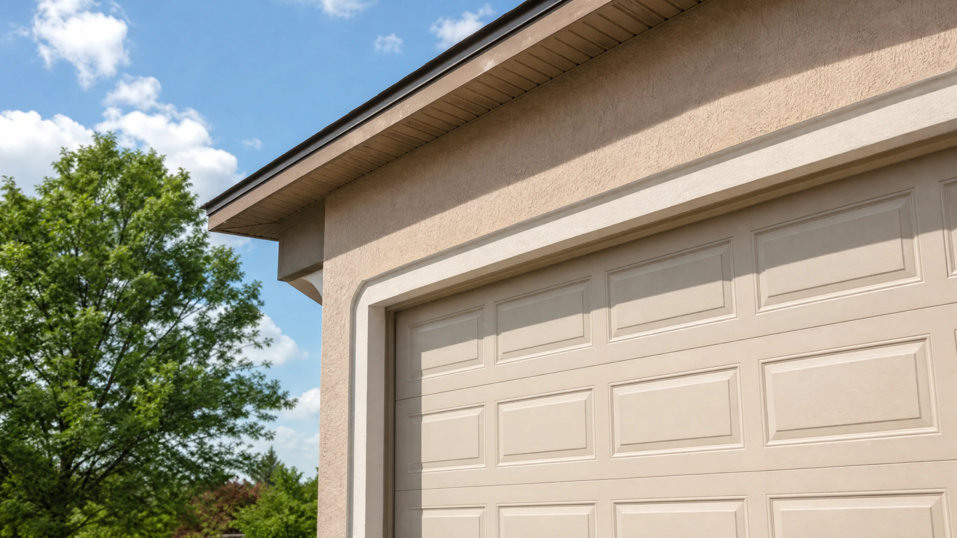Close-up of a beige sectional garage door in a stucco-clad residential wall, with green trees and a blue sky visible in the background.