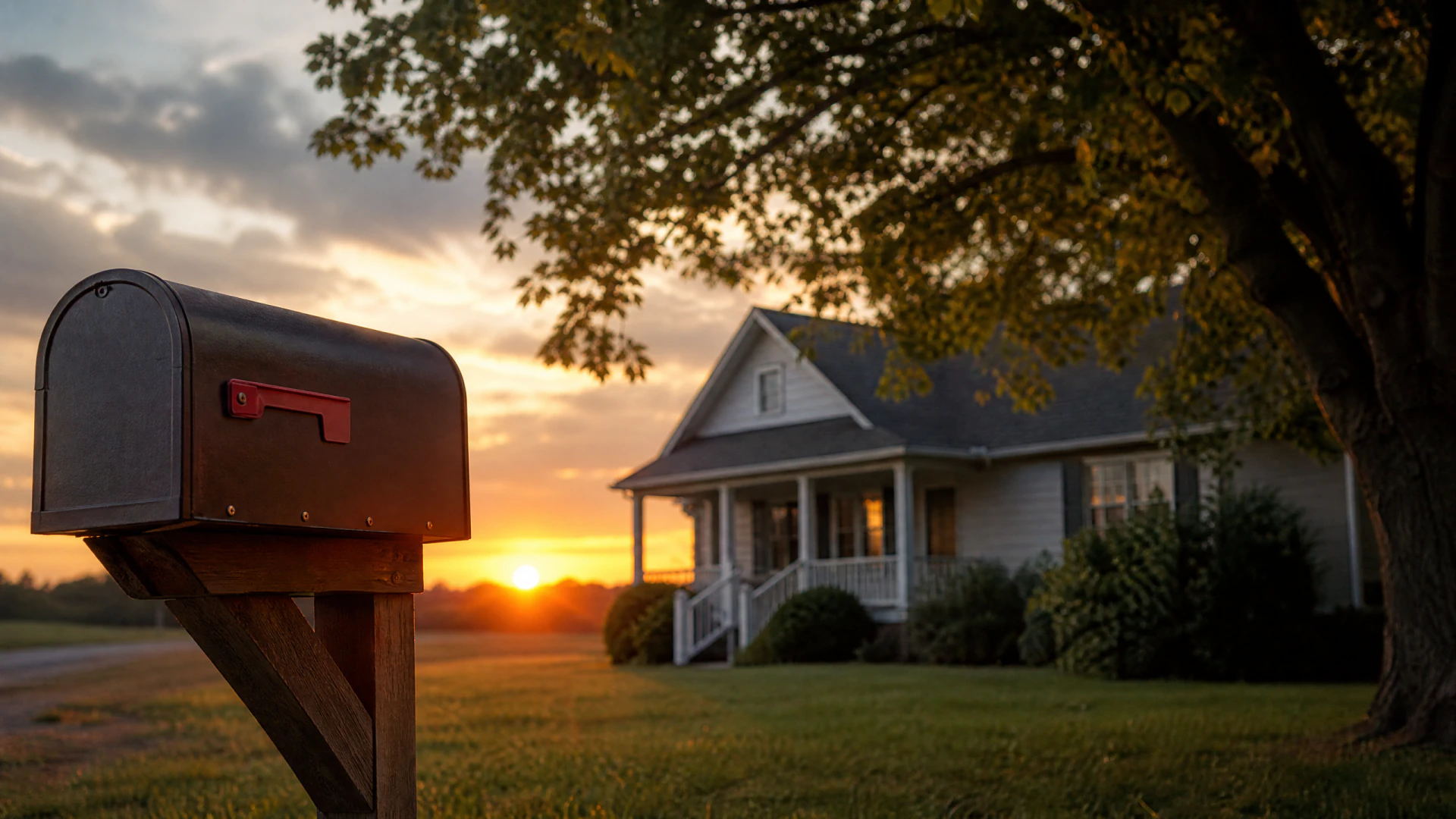 A metal roadside mailbox on a wooden post in front of a white single-story house with a covered porch, photographed at sunset.