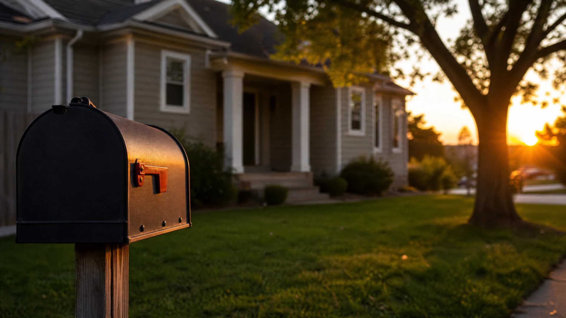 A dark metal mailbox mounted on a wooden post in front of a gray single-story house at sunset.