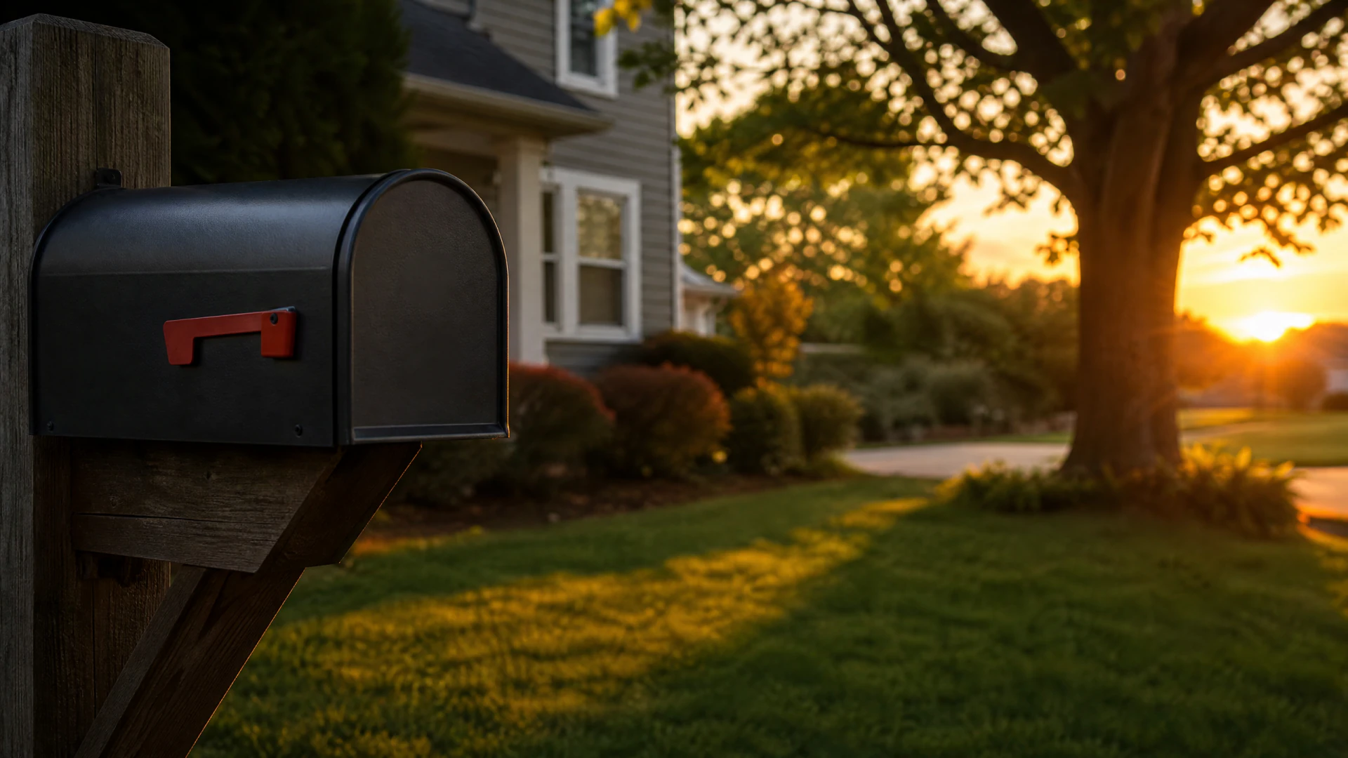 A black mailbox with a red flag mounted on a wooden post, with a suburban house and large tree illuminated by a sunset in the background.