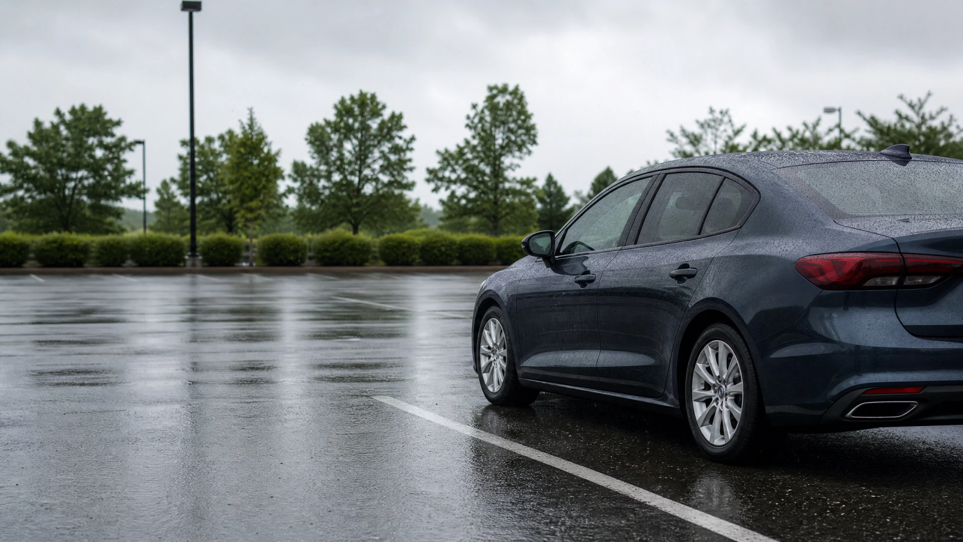 A wet dark blue sedan sits alone in an otherwise empty parking lot on a rainy, overcast day.