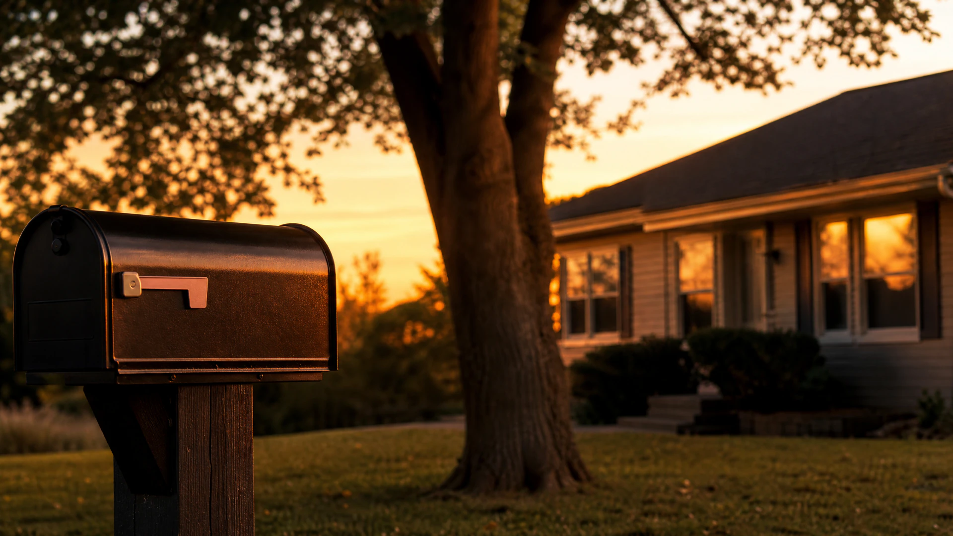 A bronze mailbox on a wooden post in a suburban front yard at sunset, with a large tree and a single-story house in the background.
