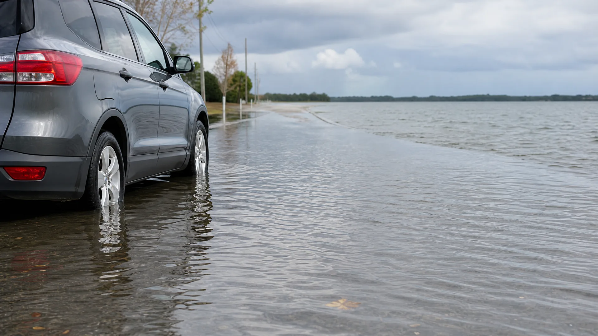 A gray SUV parked on a flooded road with water covering the tires, beside a wide expanse of water under an overcast sky.