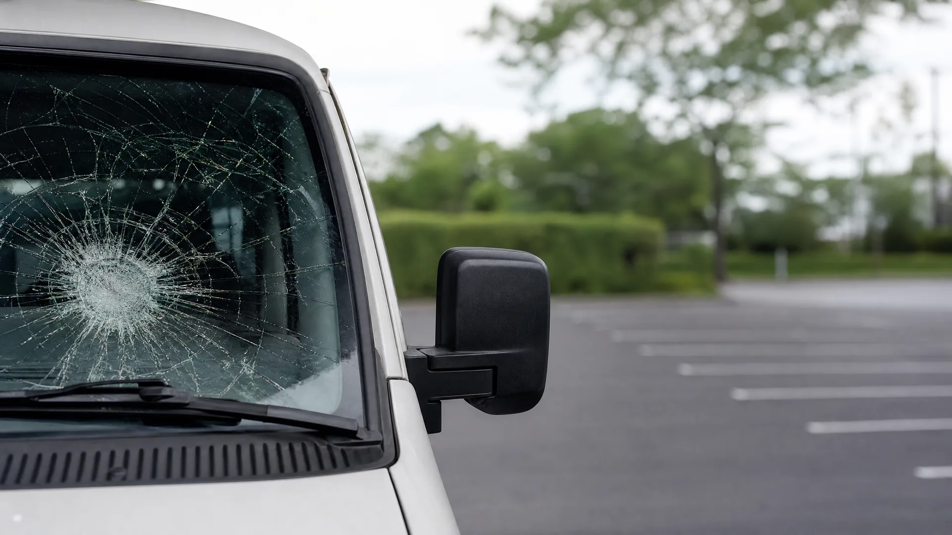A white vehicle with a heavily cracked windshield and a black side mirror parked in an empty asphalt lot with green trees and hedges in the background.