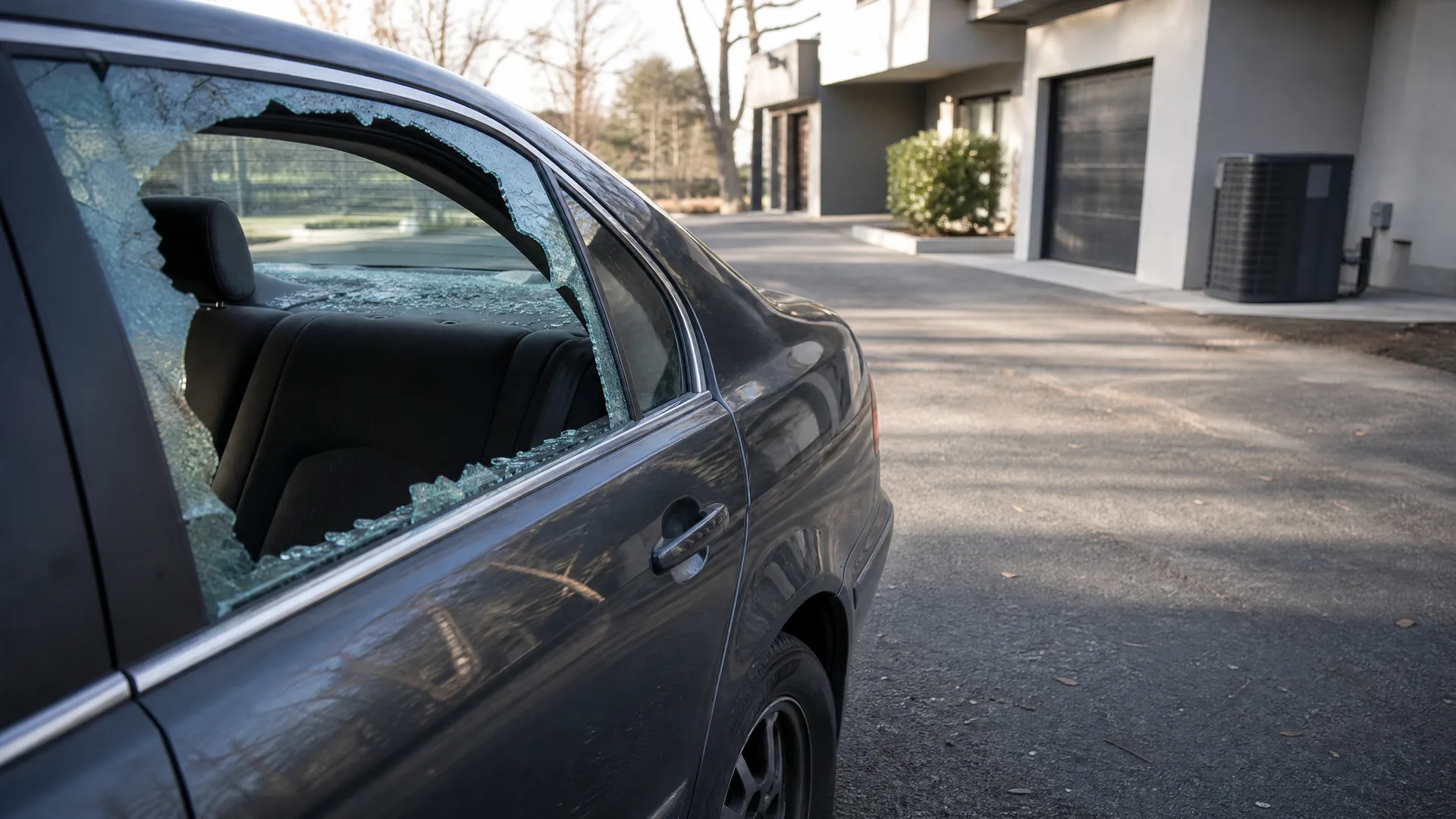 A dark sedan parked on a paved driveway with its rear side window smashed, shattered glass fragments resting on the door frame and interior, with a light-colored building and shrubs in the background.