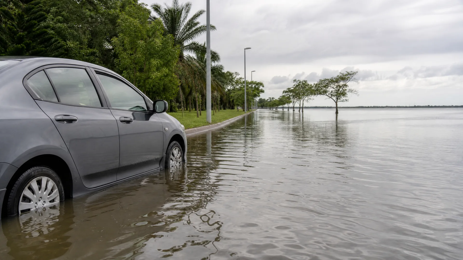 A grey sedan parked at the edge of a flooded road with water covering its lower wheels, with trees, palms and street lamps along a submerged shoreline under an overcast sky.