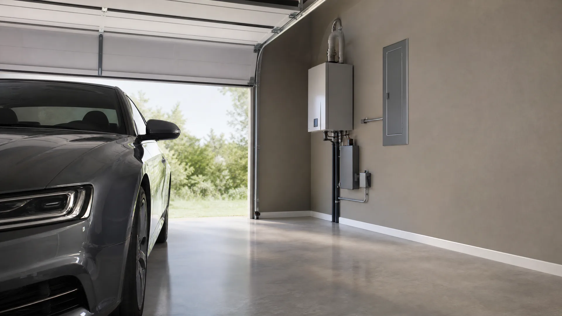 Interior of a garage with an open door showing grass and trees outside, a dark gray car parked on the left, and a wall-mounted tankless water heater with piping next to a gray electrical panel on the right wall.