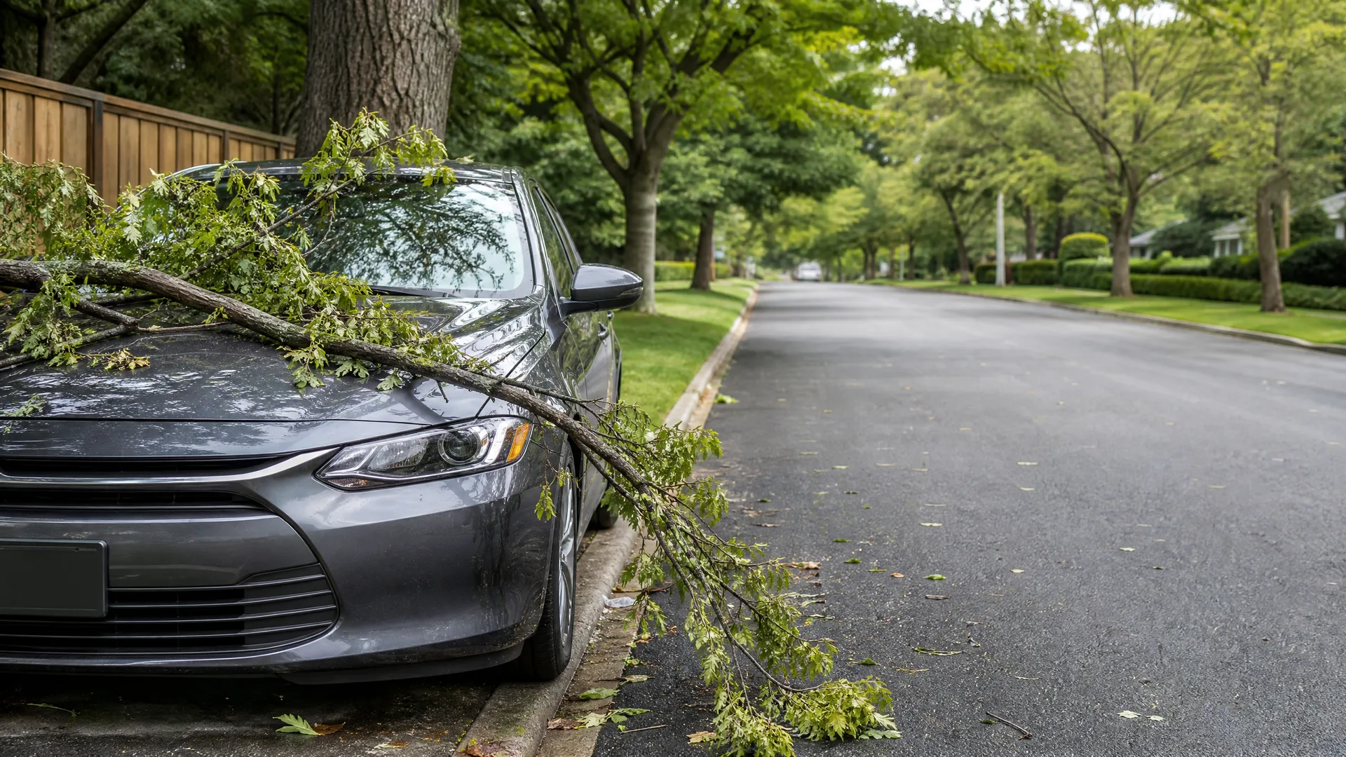 A gray sedan parked at the curb of a tree-lined residential street with a large fallen leafy branch lying across its hood and windshield.