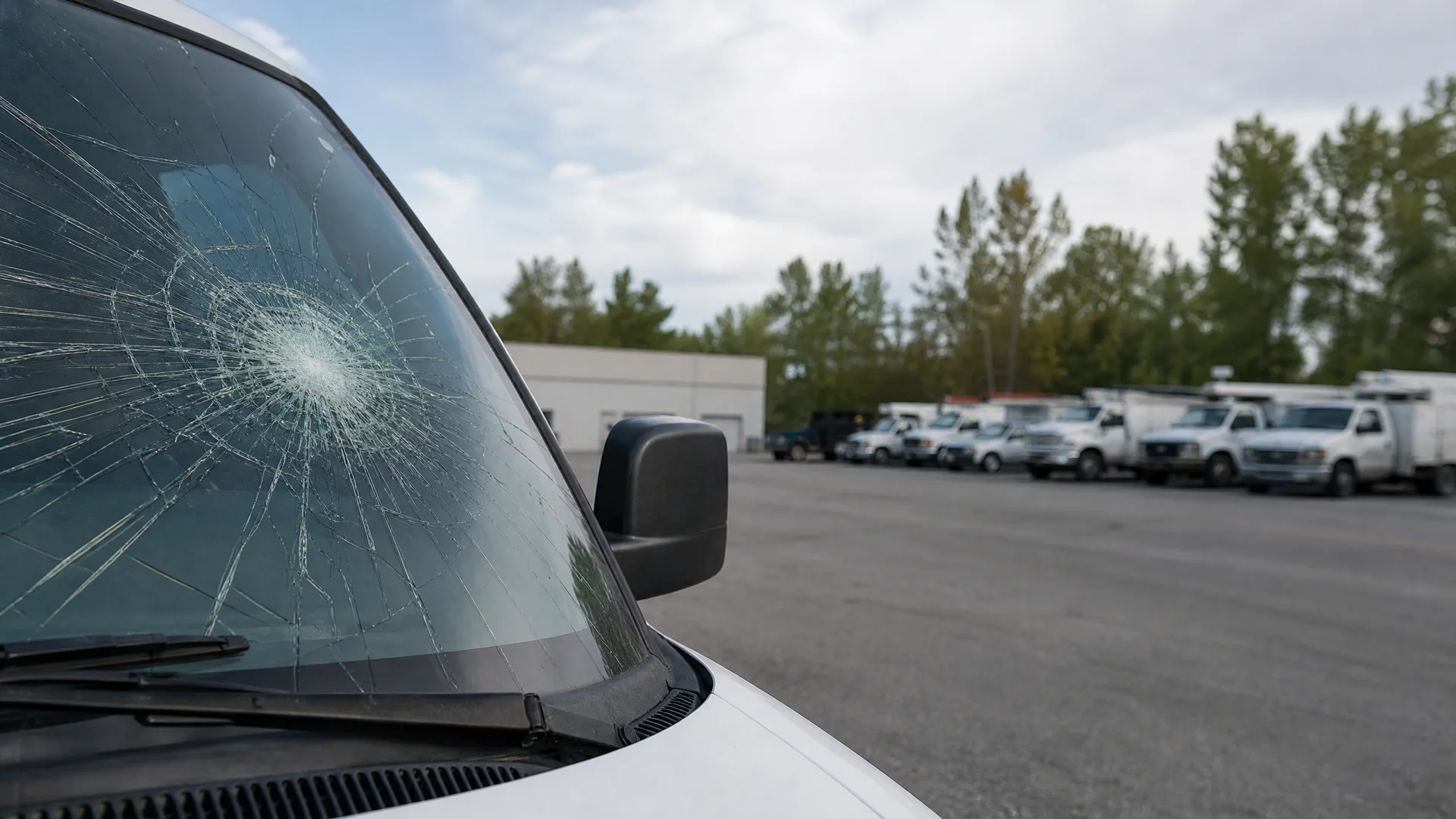 Close-up of a white van's windshield with a large impact crack and radiating fractures, parked on asphalt with a row of white box trucks and evergreen trees in the background.