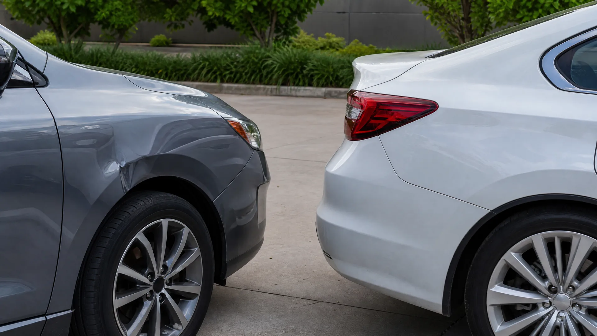 Close-up of a gray car's dented front corner facing the rear bumper of a white sedan on pavement, with shrubs and a wall behind.