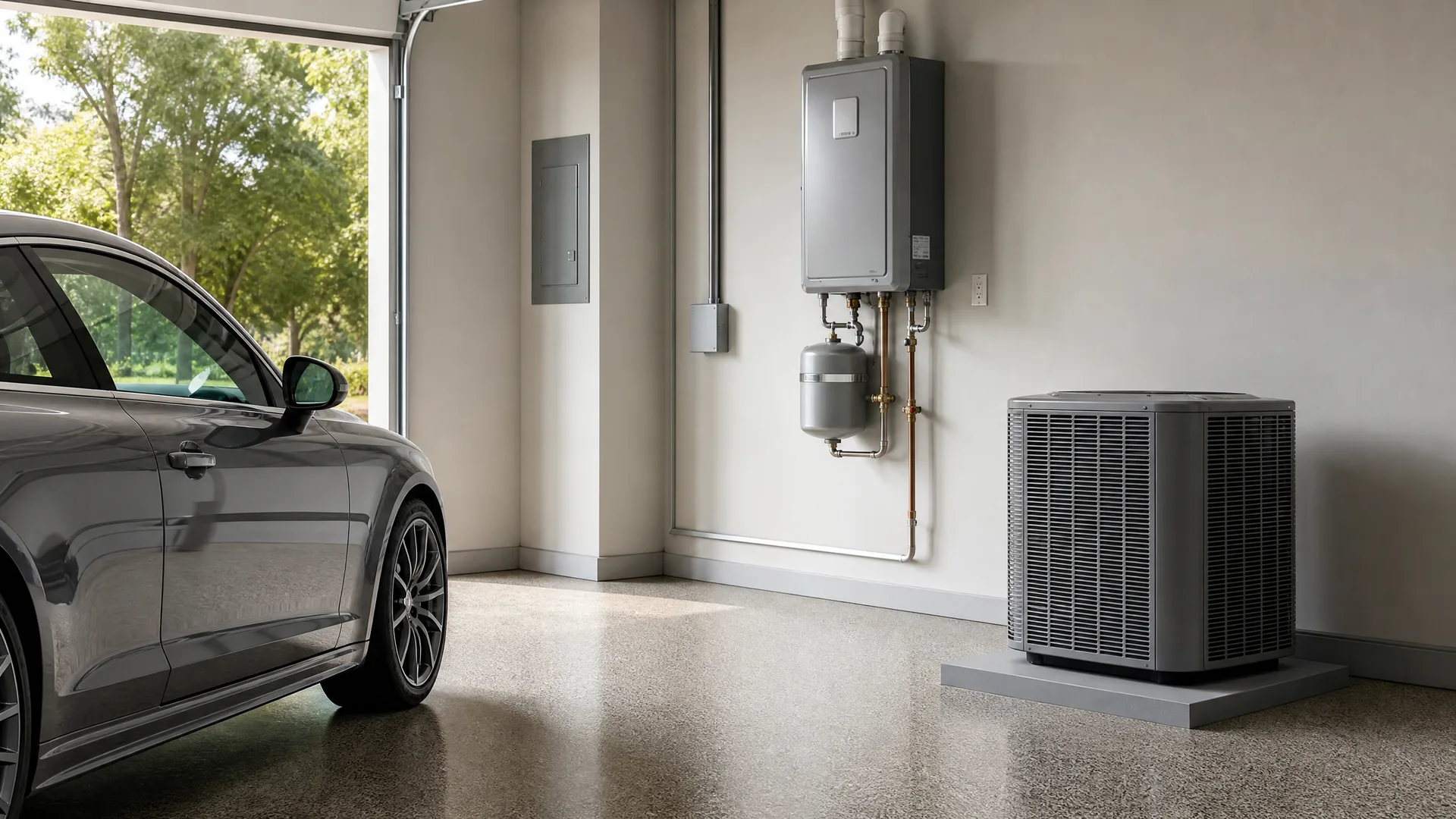 A garage interior with a gray car parked at left, an open garage door showing trees outside, a wall-mounted tankless water heater with copper piping, an electrical panel, and an outdoor-style condenser unit on a concrete pad at right.