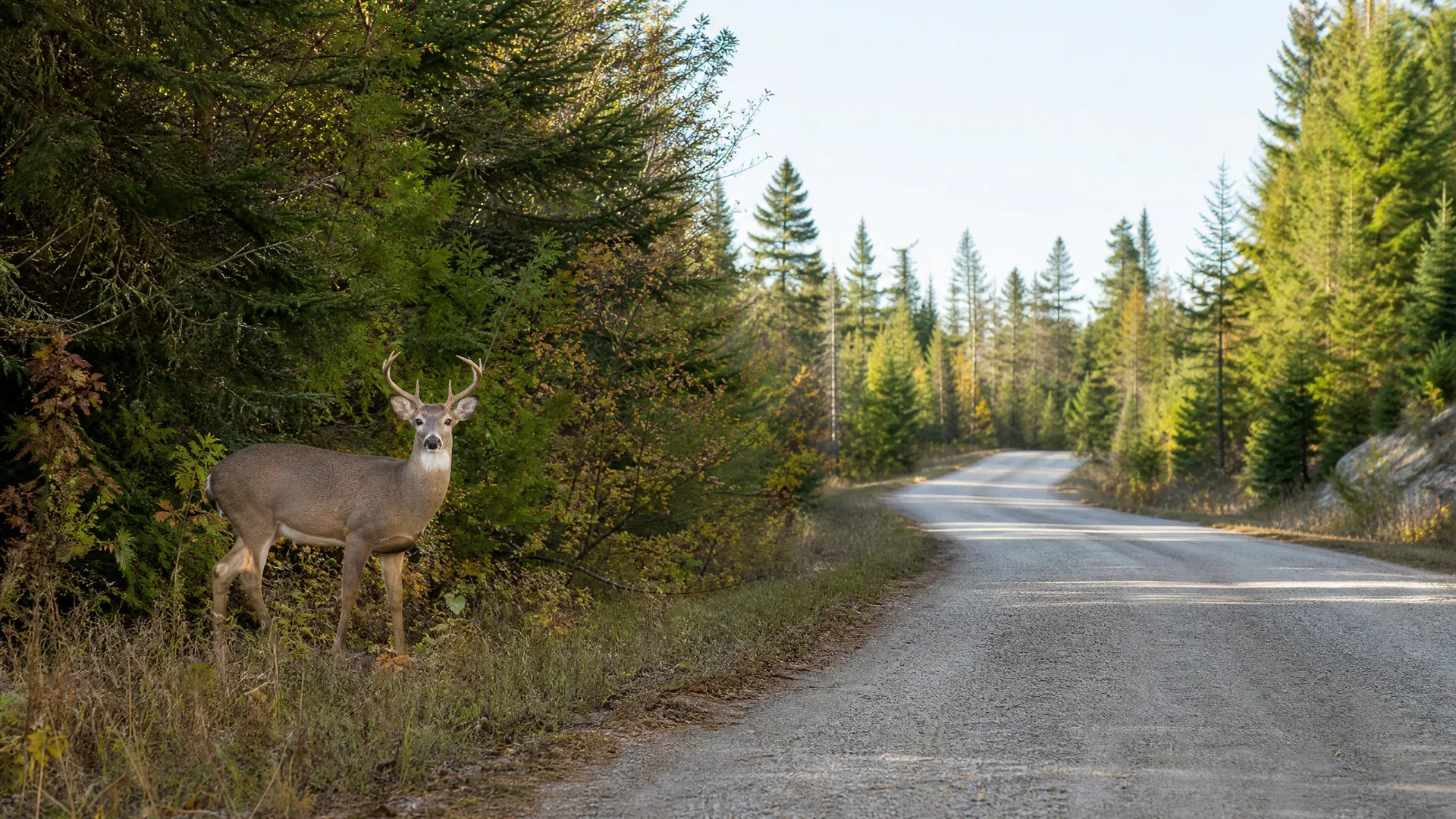 A white-tailed deer with small antlers stands at the grassy edge of a gravel road bordered by dense conifer forest.