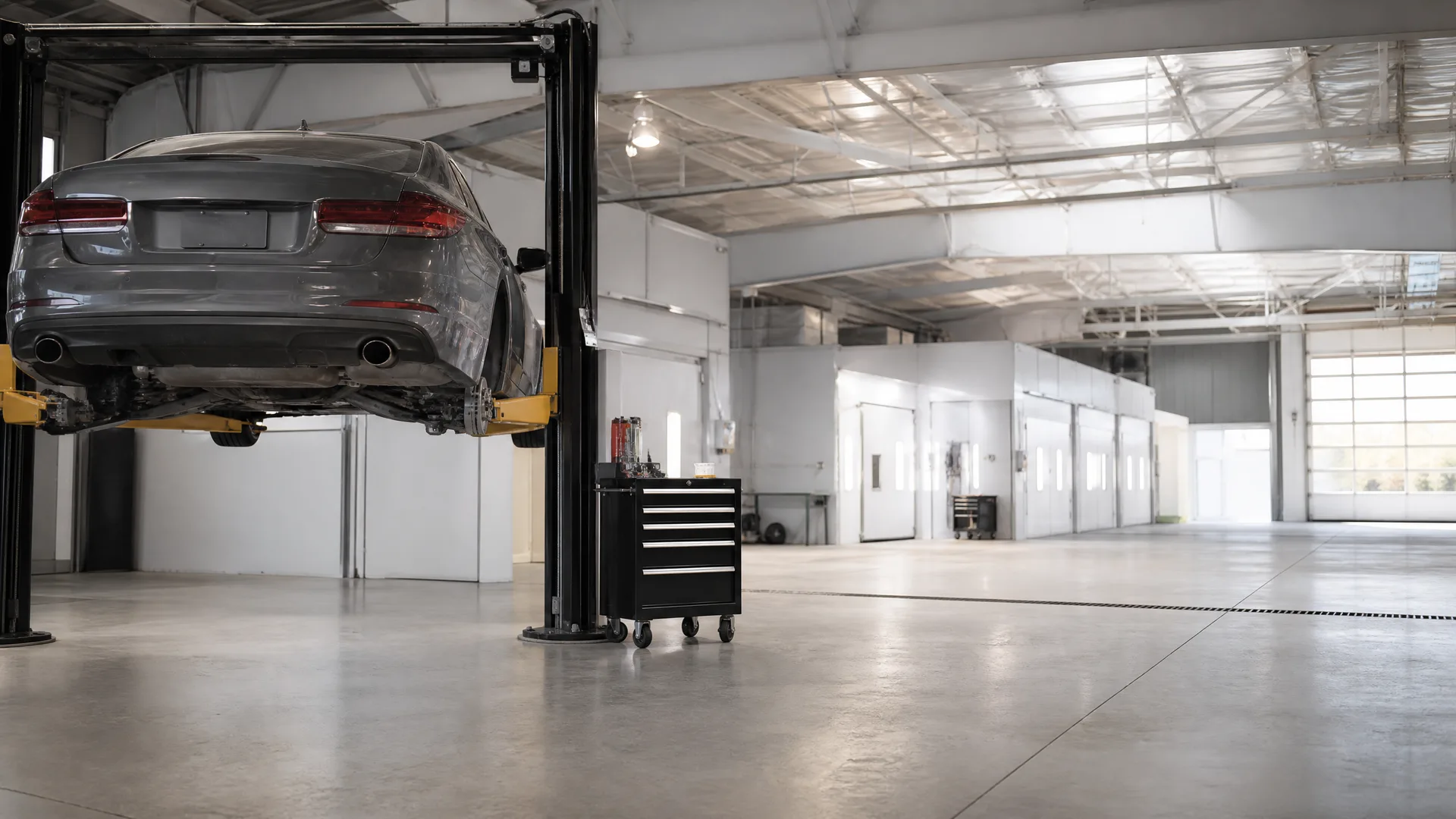A gray sedan raised on a two-post lift inside a large white garage with a concrete floor, a black rolling tool chest nearby, and work bays along the far wall.