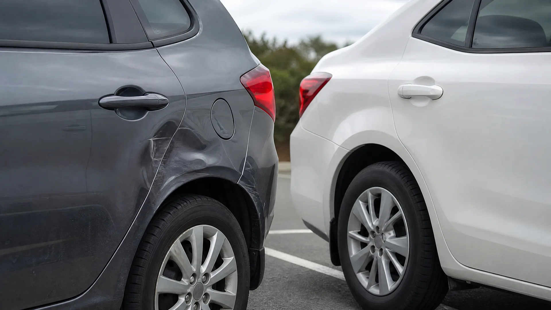 Close-up of the rear quarter panel of a dark gray car with a visible dent and scrape, parked beside a white sedan in a paved lot with trees in the background.