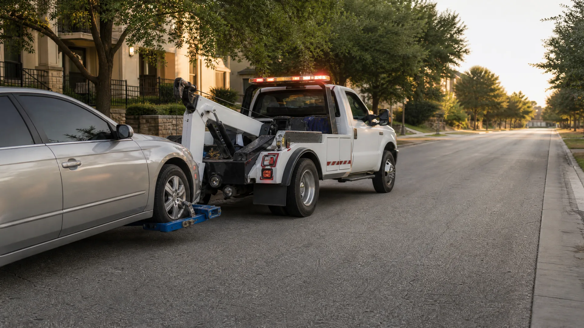 A white tow truck lifts the front wheels of a silver sedan on a residential street lined with trees and buildings.